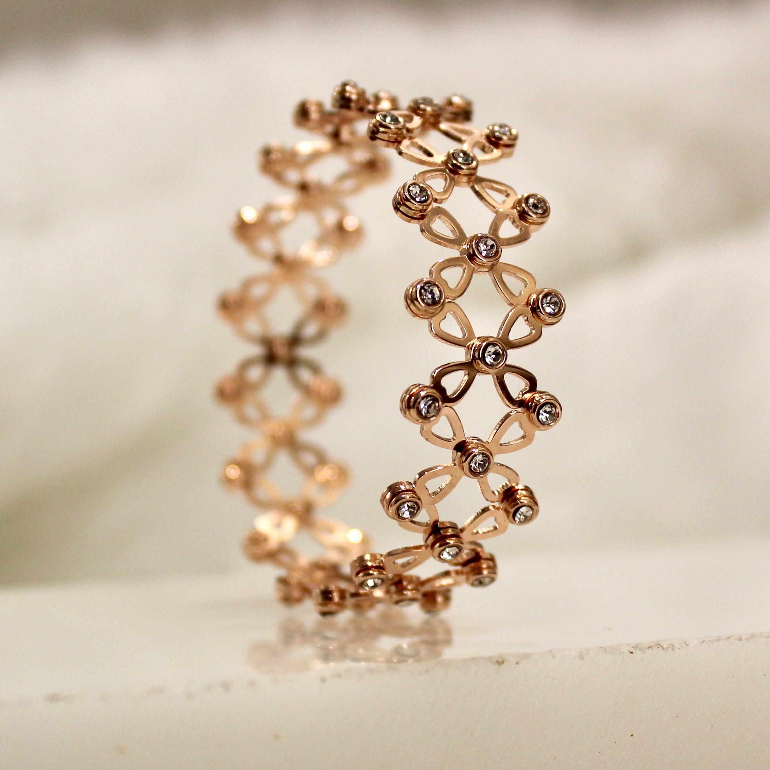 92.5 Sterling Silver flower Ring cum Bracelet Rose gold with Stones