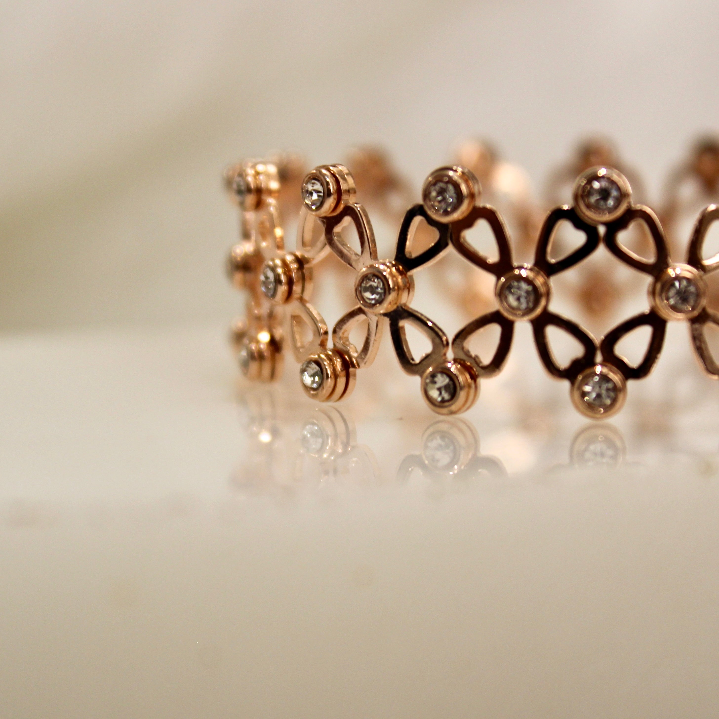 92.5 Sterling Silver flower Ring cum Bracelet Rose gold with Stones
