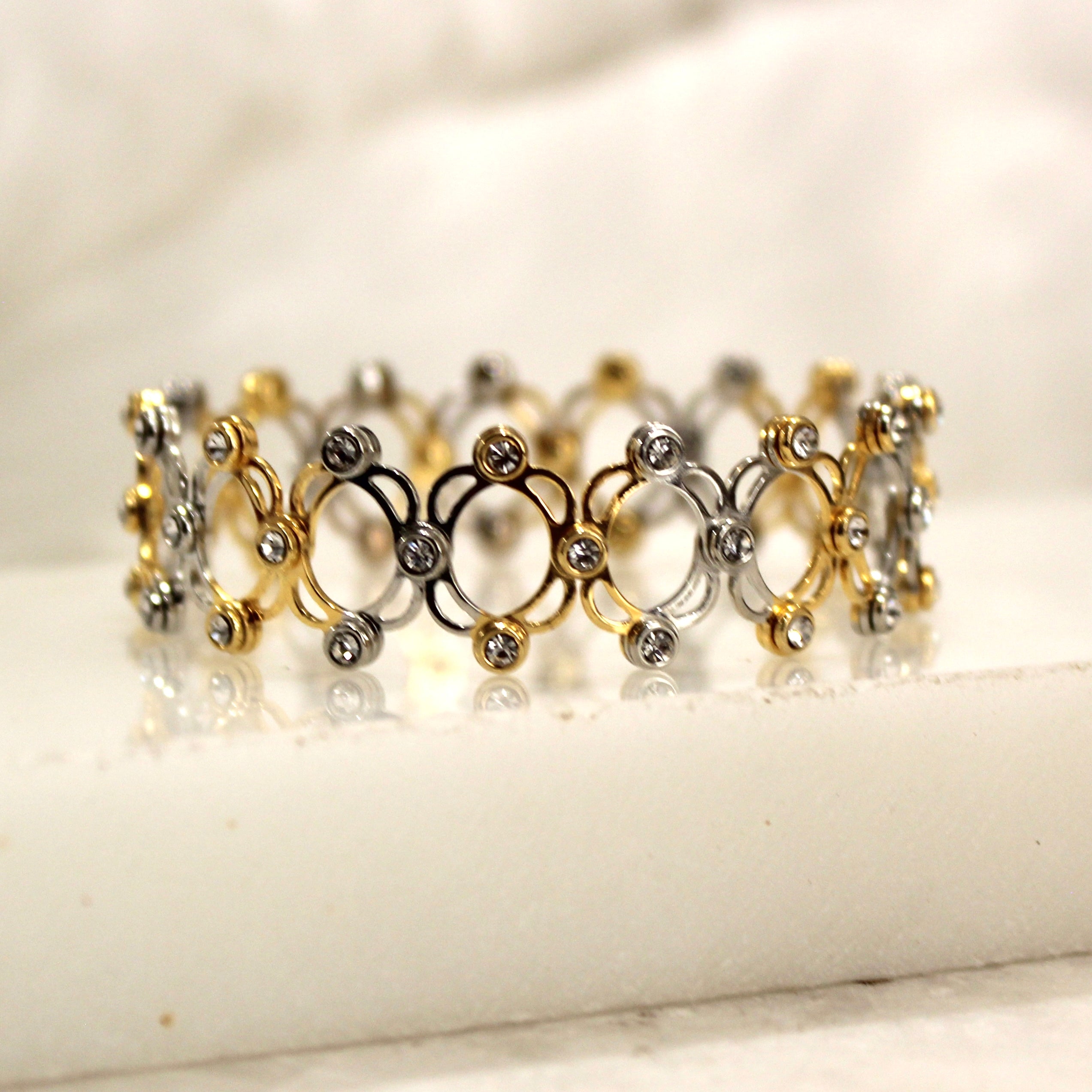 92.5 Sterling Silver zigzag Ring cum Bracelet Gold Polish with Stones