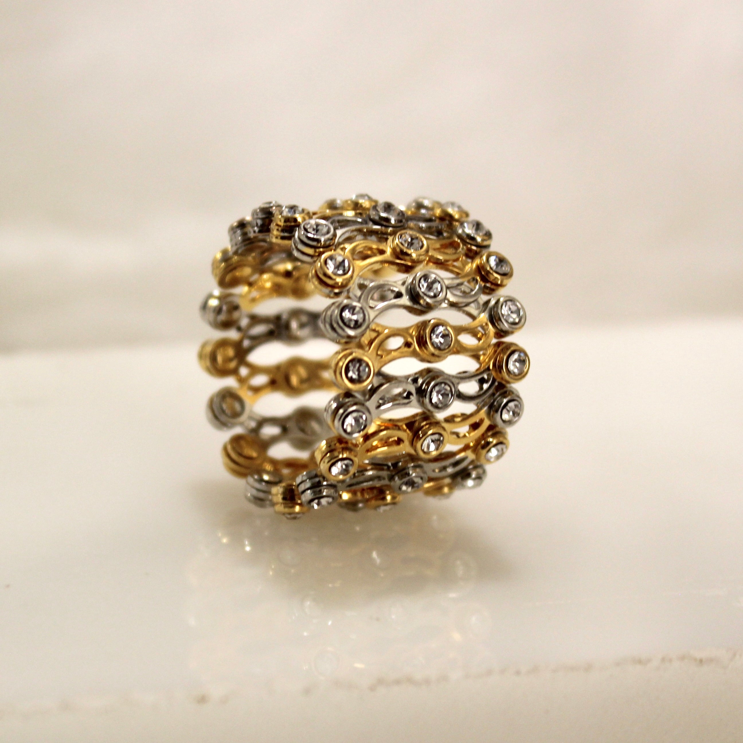 92.5 Sterling Silver zigzag Ring cum Bracelet Gold Polish with Stones
