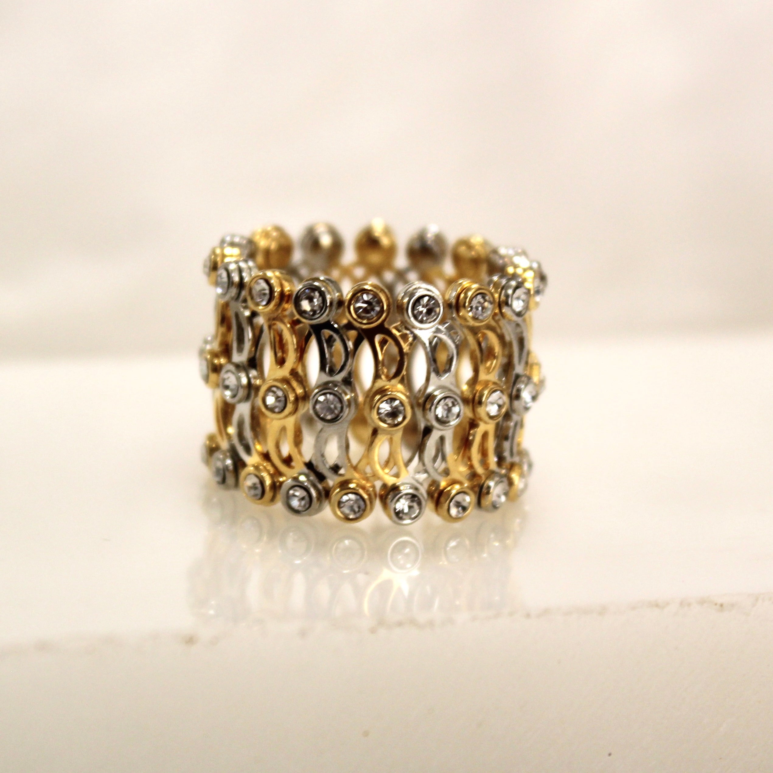 92.5 Sterling Silver zigzag Ring cum Bracelet Gold Polish with Stones