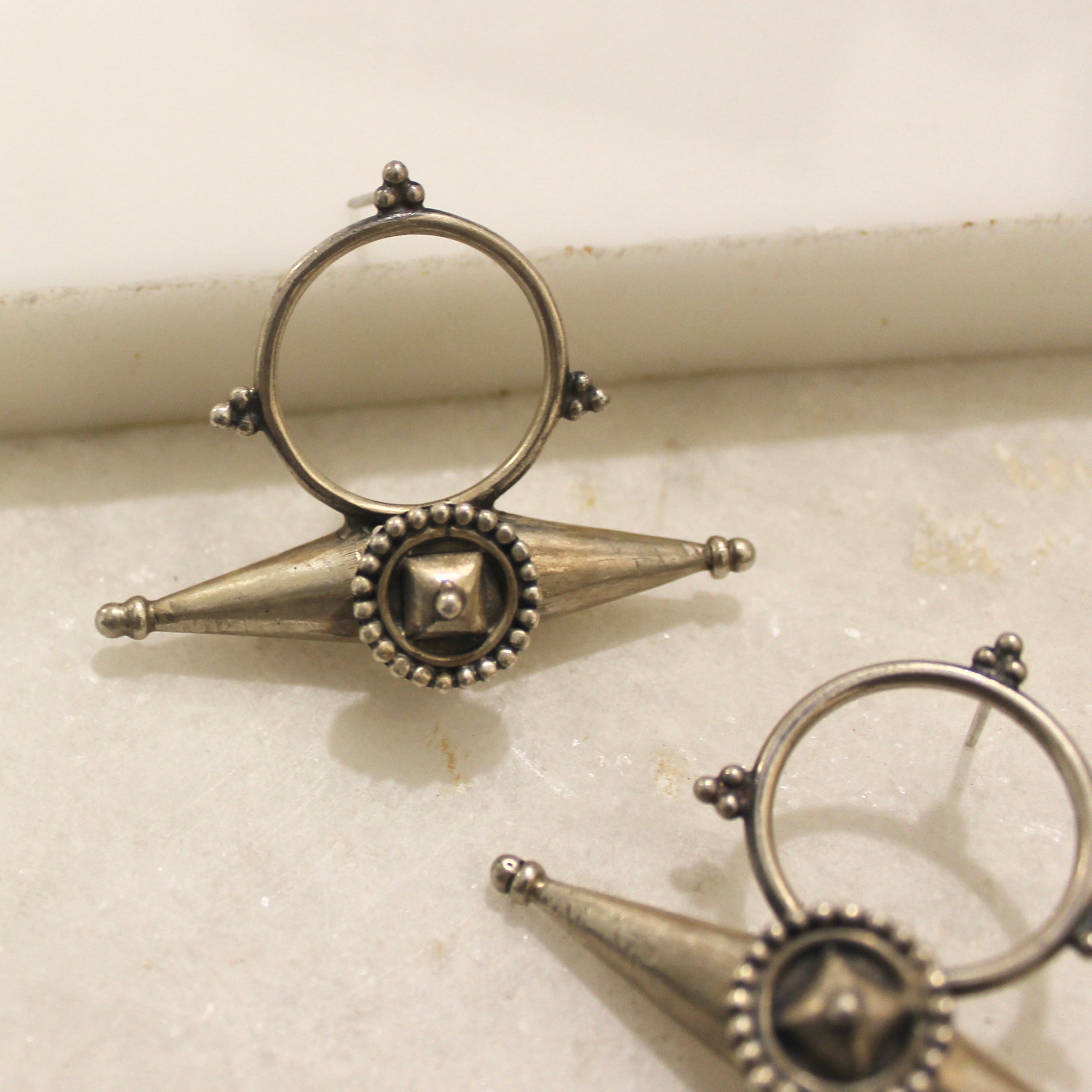 Ring With Cones 925 Pure Silver Antique Earrings