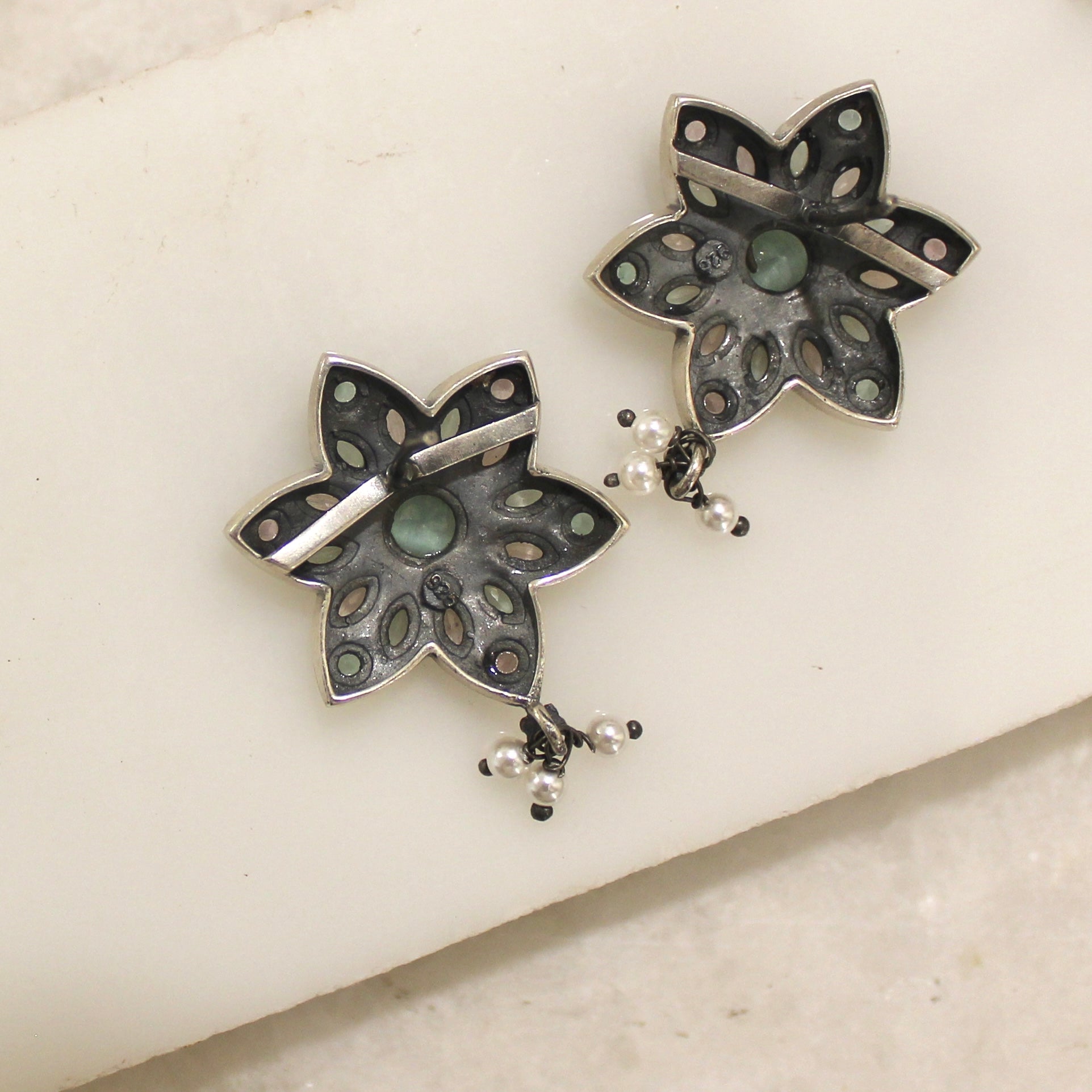 Pastel Stones Flower Antique 925 Pure Silver Choker With Silver Earrings