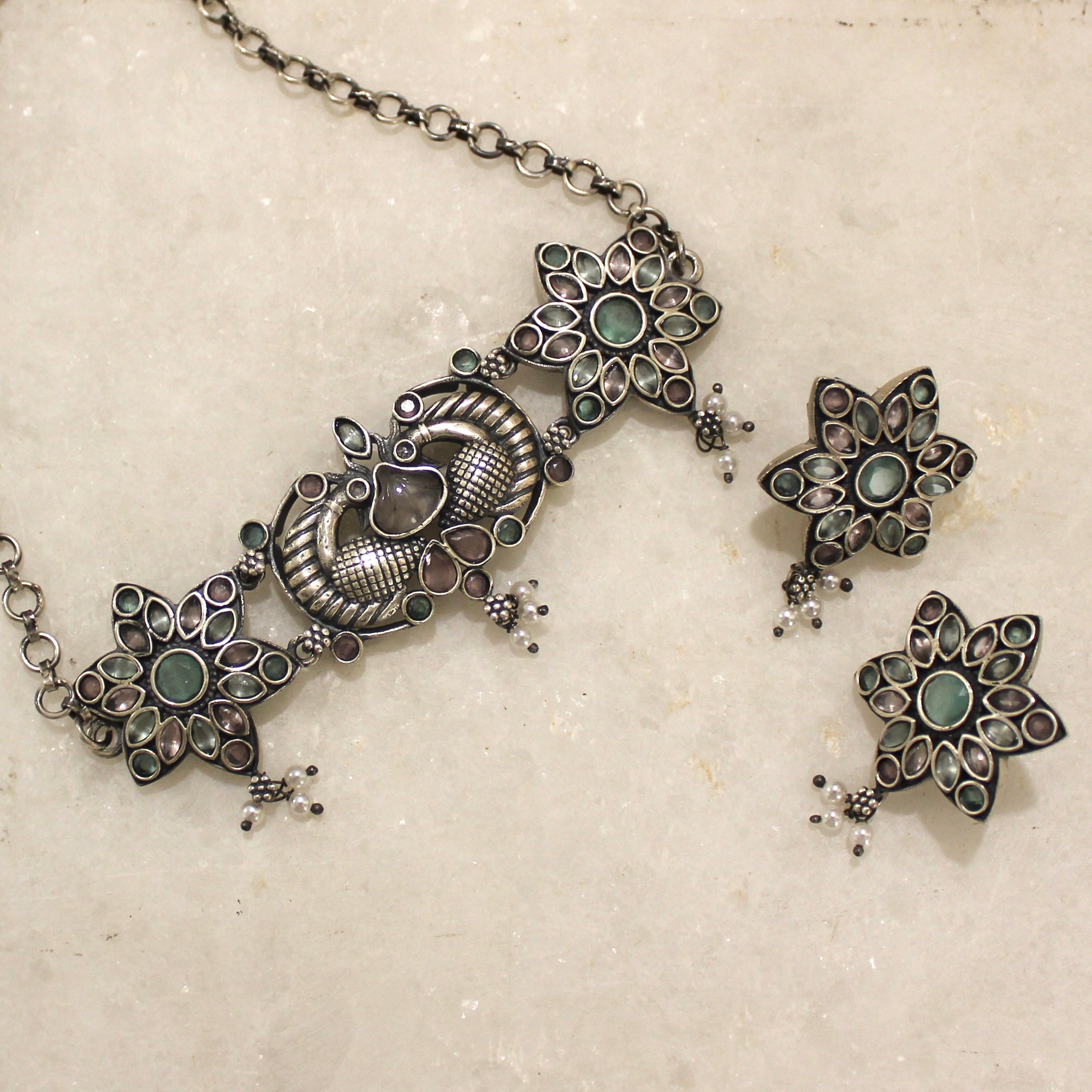 Pastel Stones Flower Antique 925 Pure Silver Choker With Silver Earrings