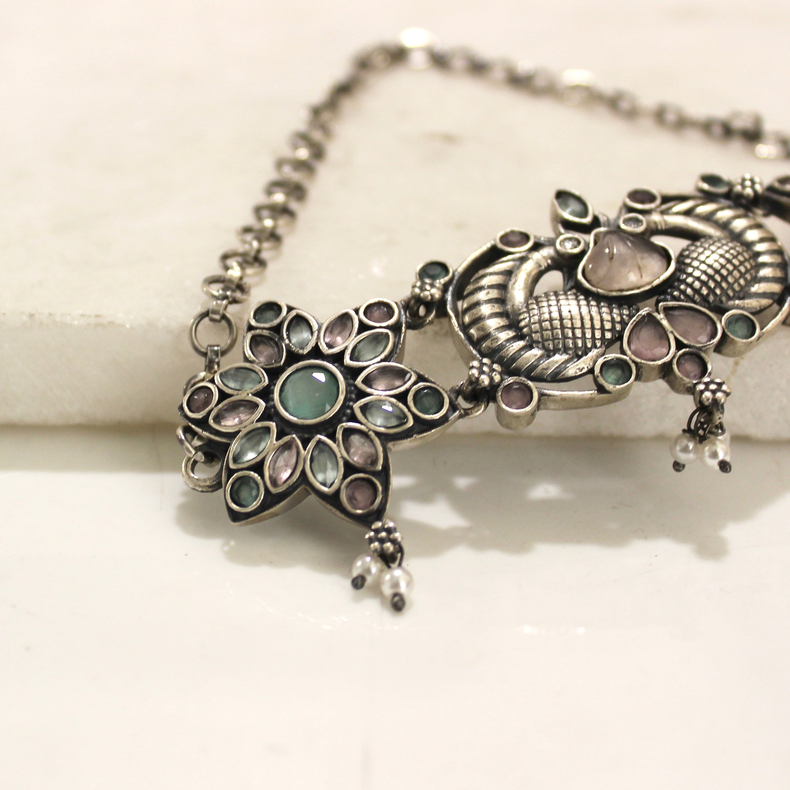 Pastel Stones Flower Antique 925 Pure Silver Choker With Silver Earrings