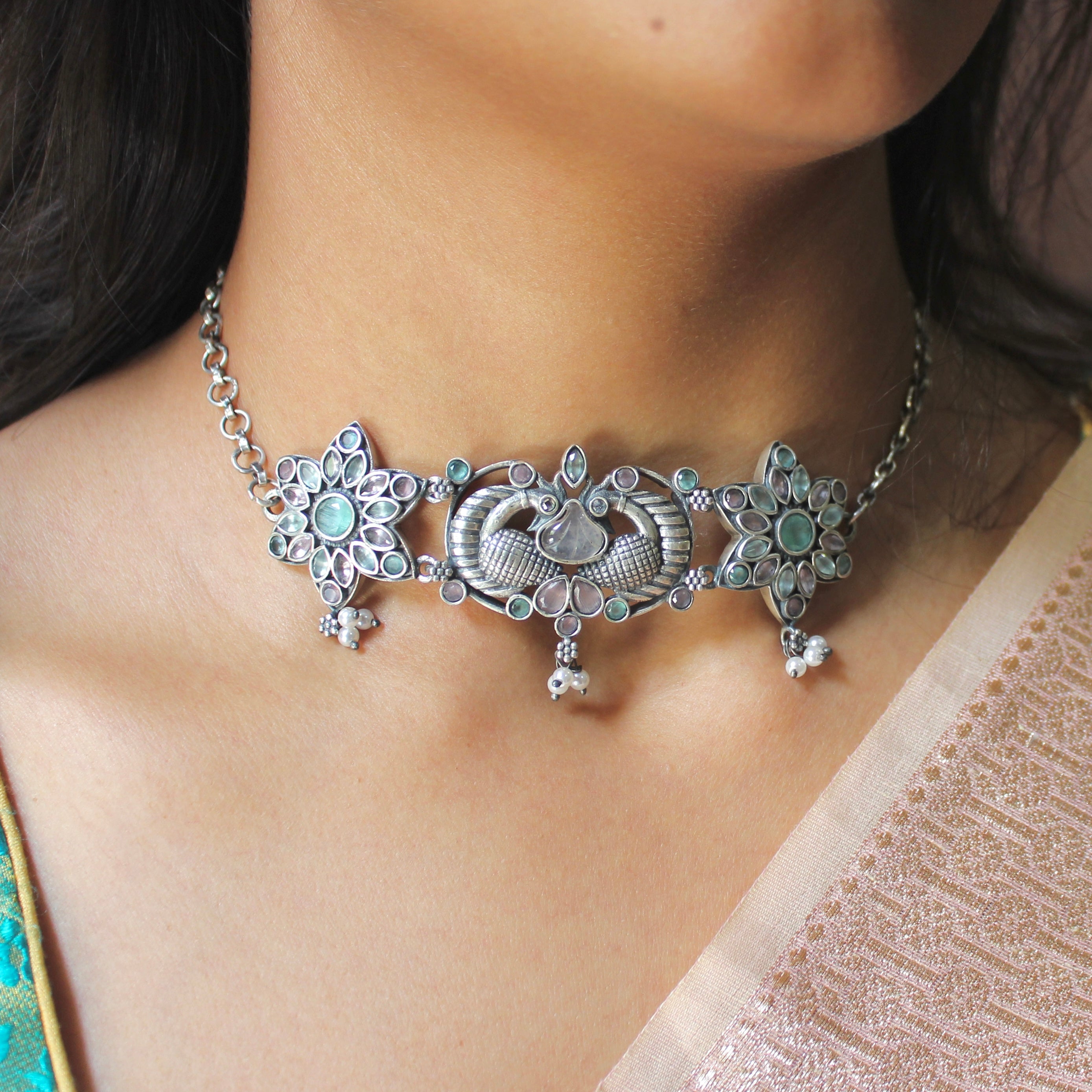 Pastel Stones Flower Antique 925 Pure Silver Choker With Silver Earrings