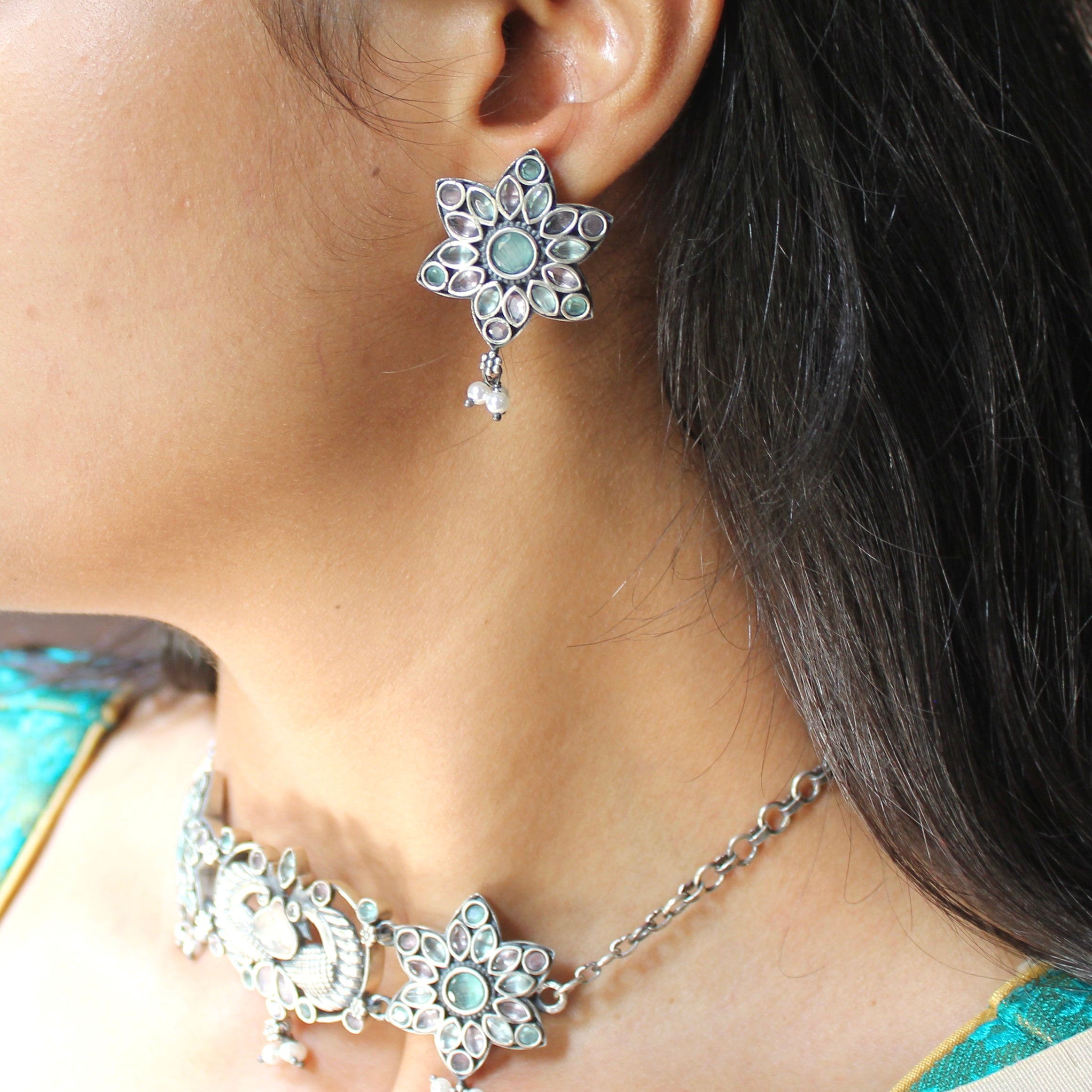 Pastel Stones Flower Antique 925 Pure Silver Choker With Silver Earrings