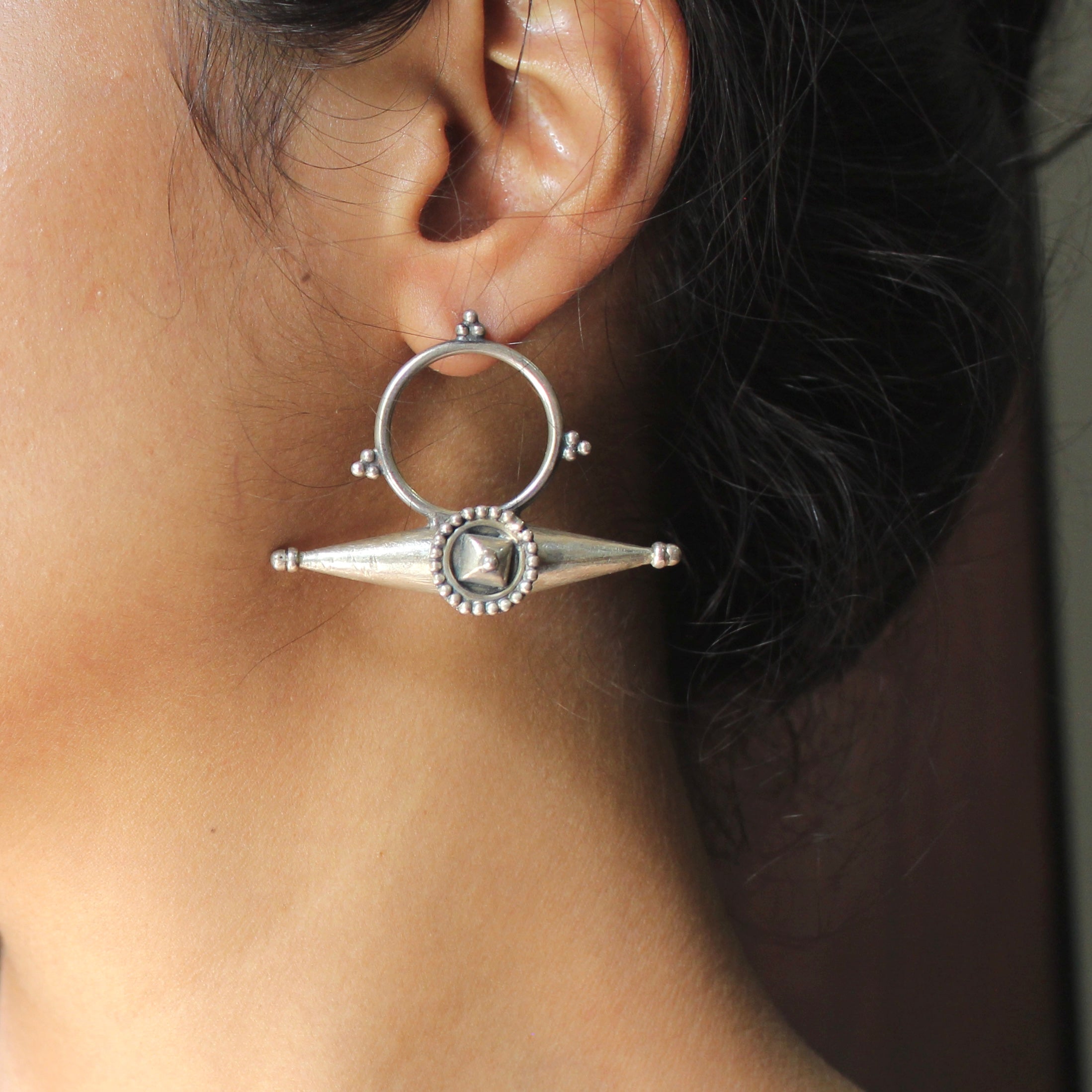 Ring With Cones 925 Pure Silver Antique Earrings