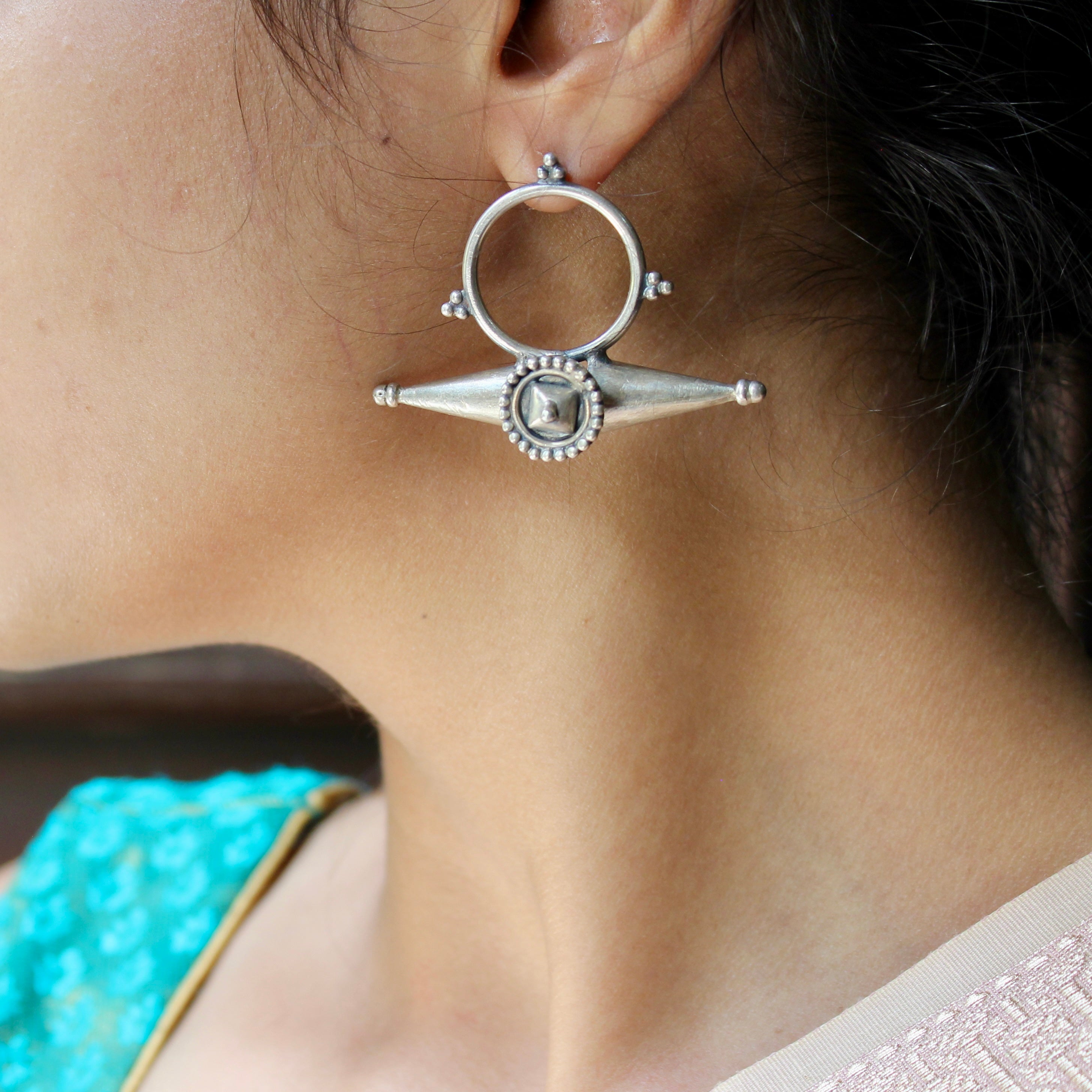 Ring With Cones 925 Pure Silver Antique Earrings