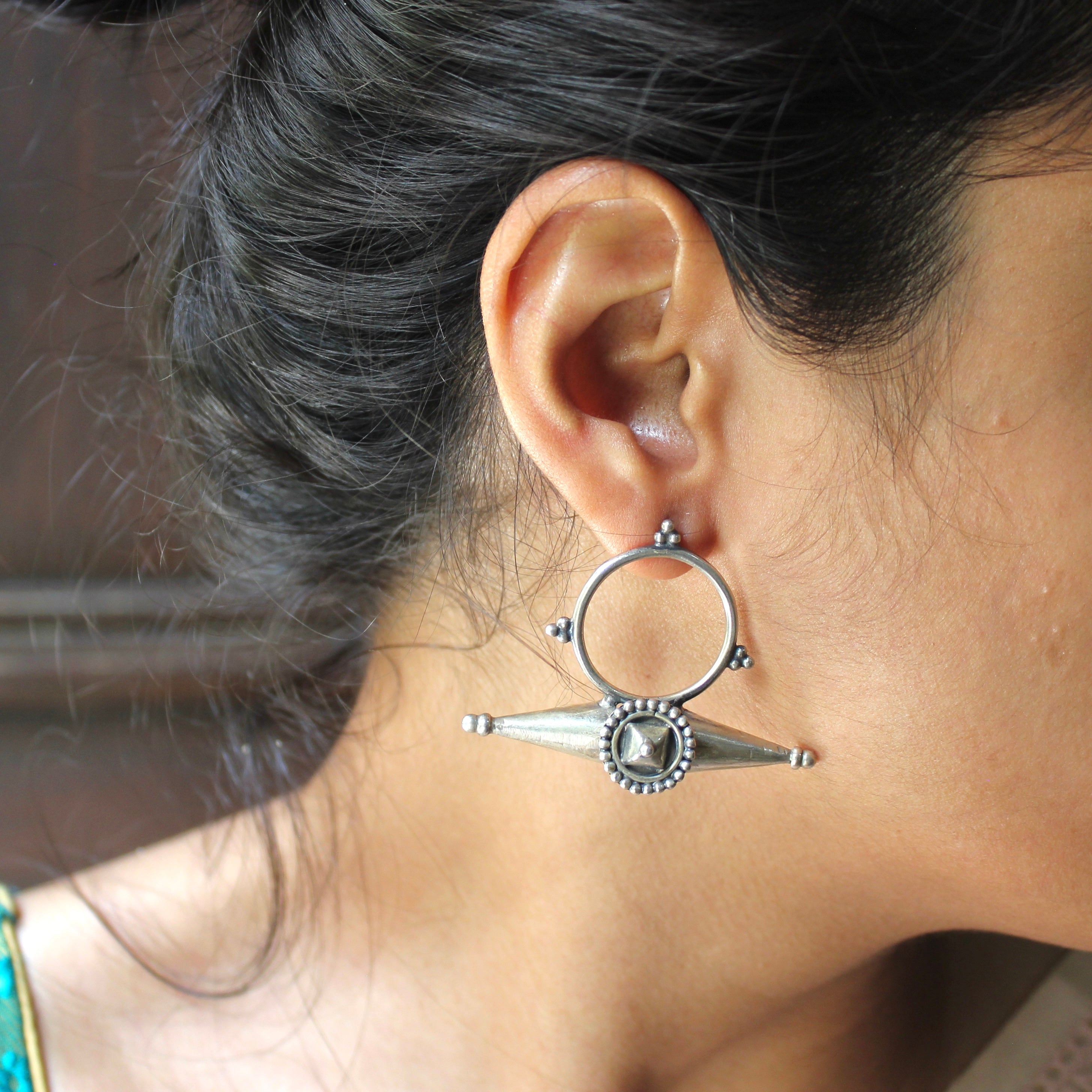 Ring With Cones 925 Pure Silver Antique Earrings