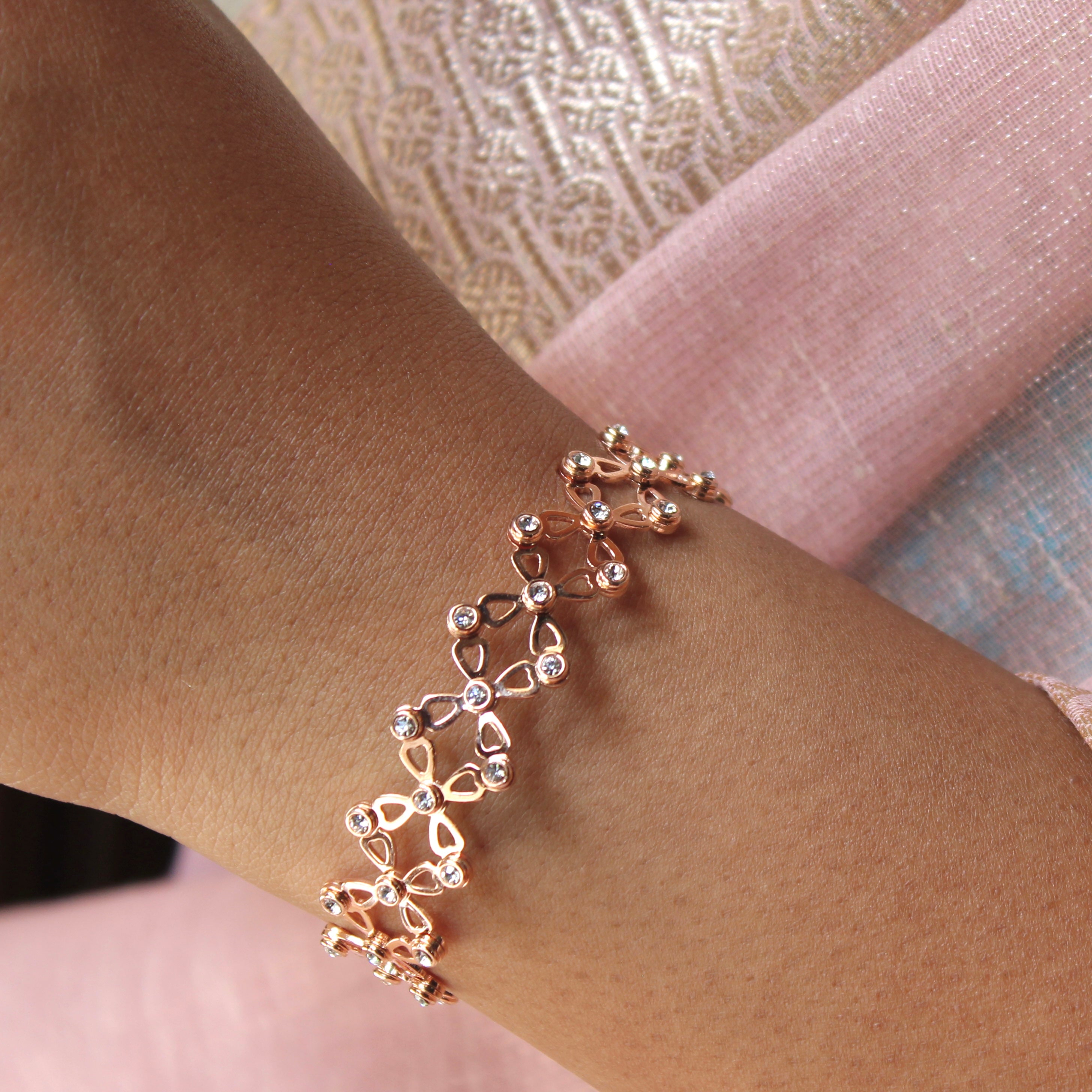 92.5 Sterling Silver flower Ring cum Bracelet Rose gold with Stones
