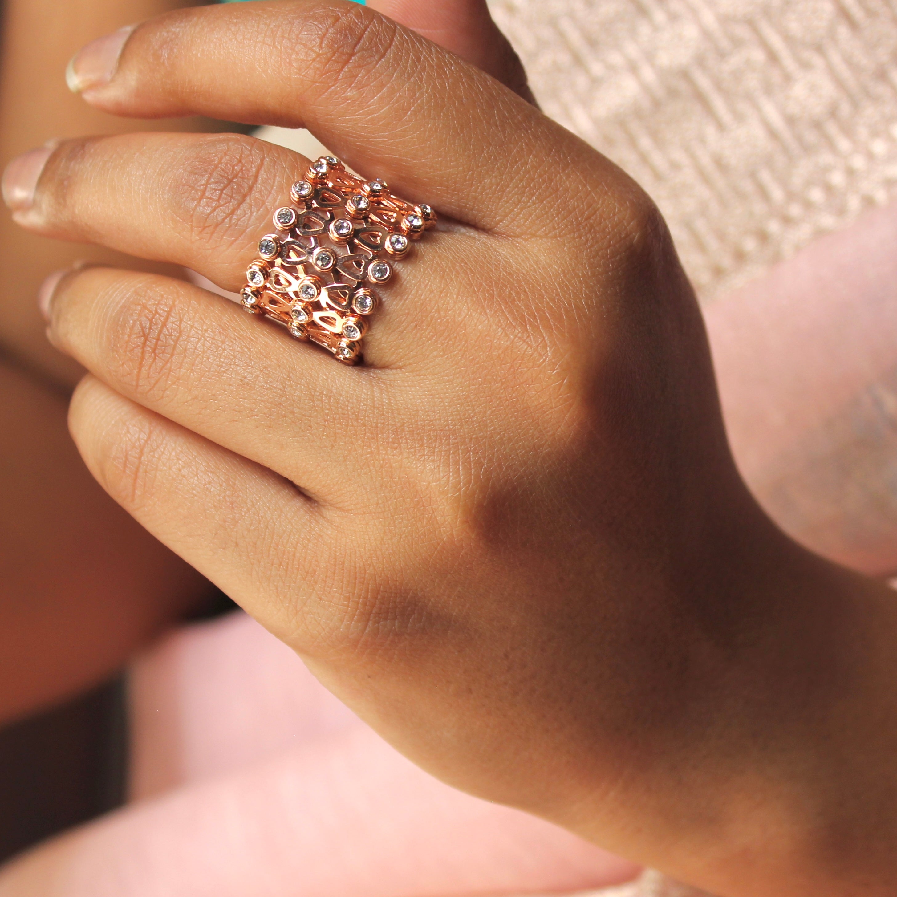 92.5 Sterling Silver flower Ring cum Bracelet Rose gold with Stones