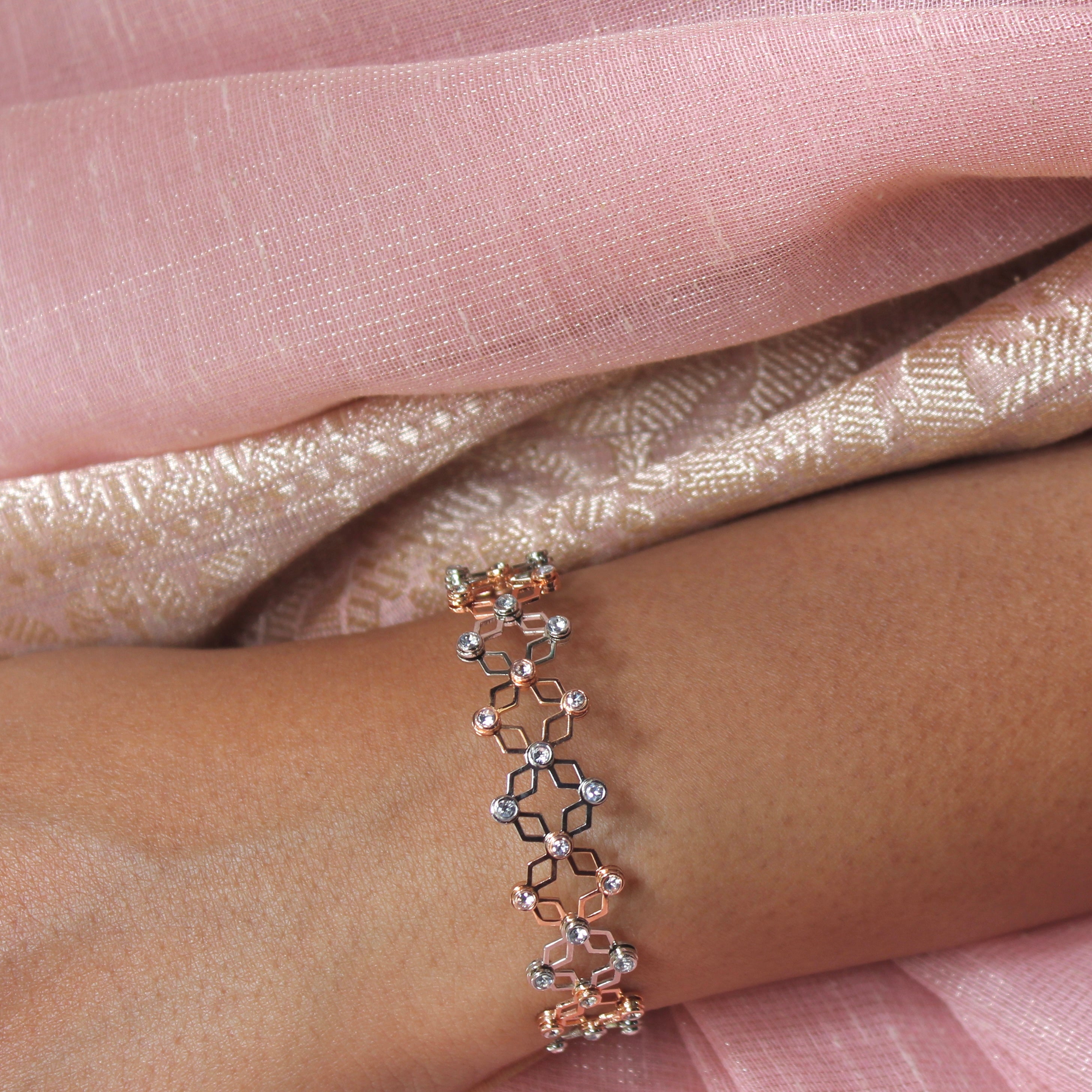 92.5 Sterling Silver Diamond Zigzag Ring cum Bracelet Rose Gold with Stones