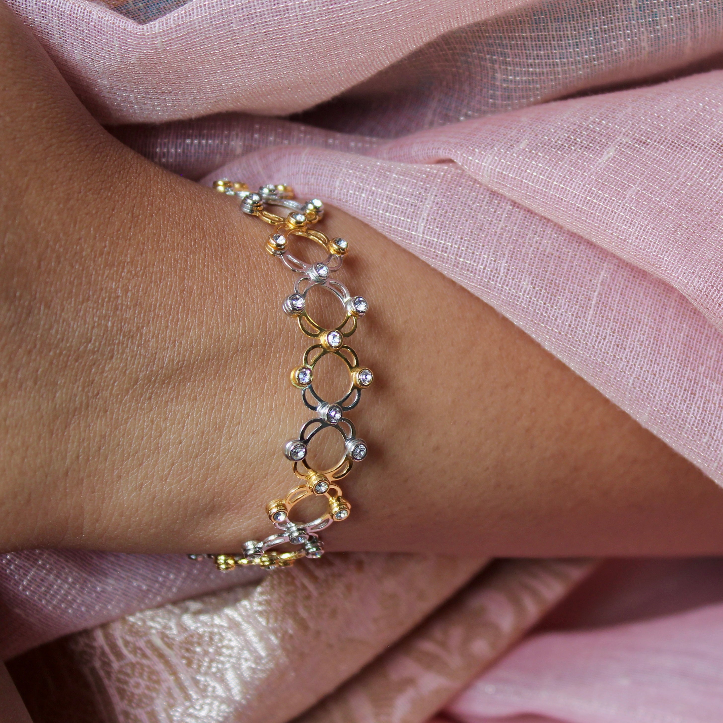92.5 Sterling Silver zigzag Ring cum Bracelet Gold Polish with Stones