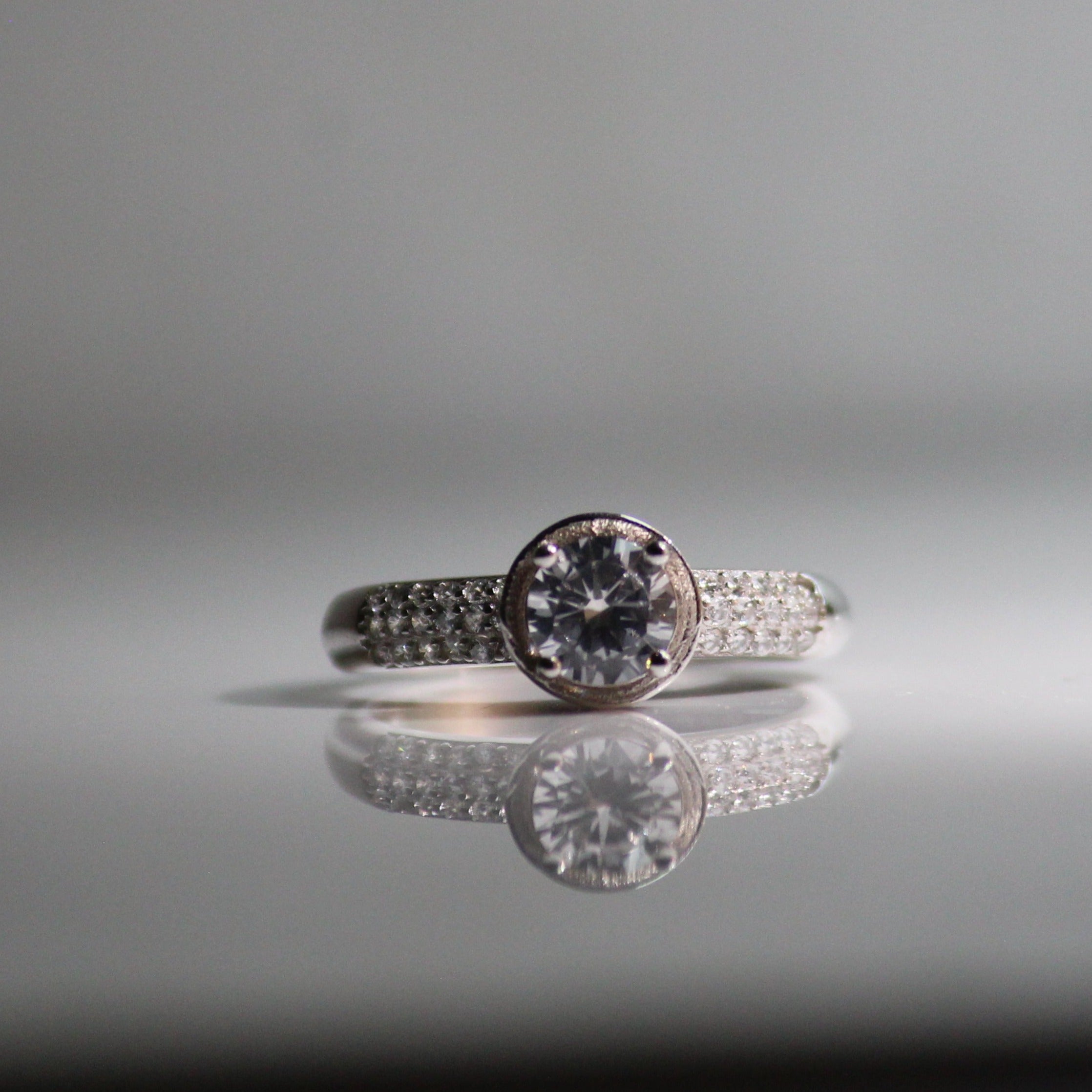 American Diamond Solitaire Rounded Silver Ring