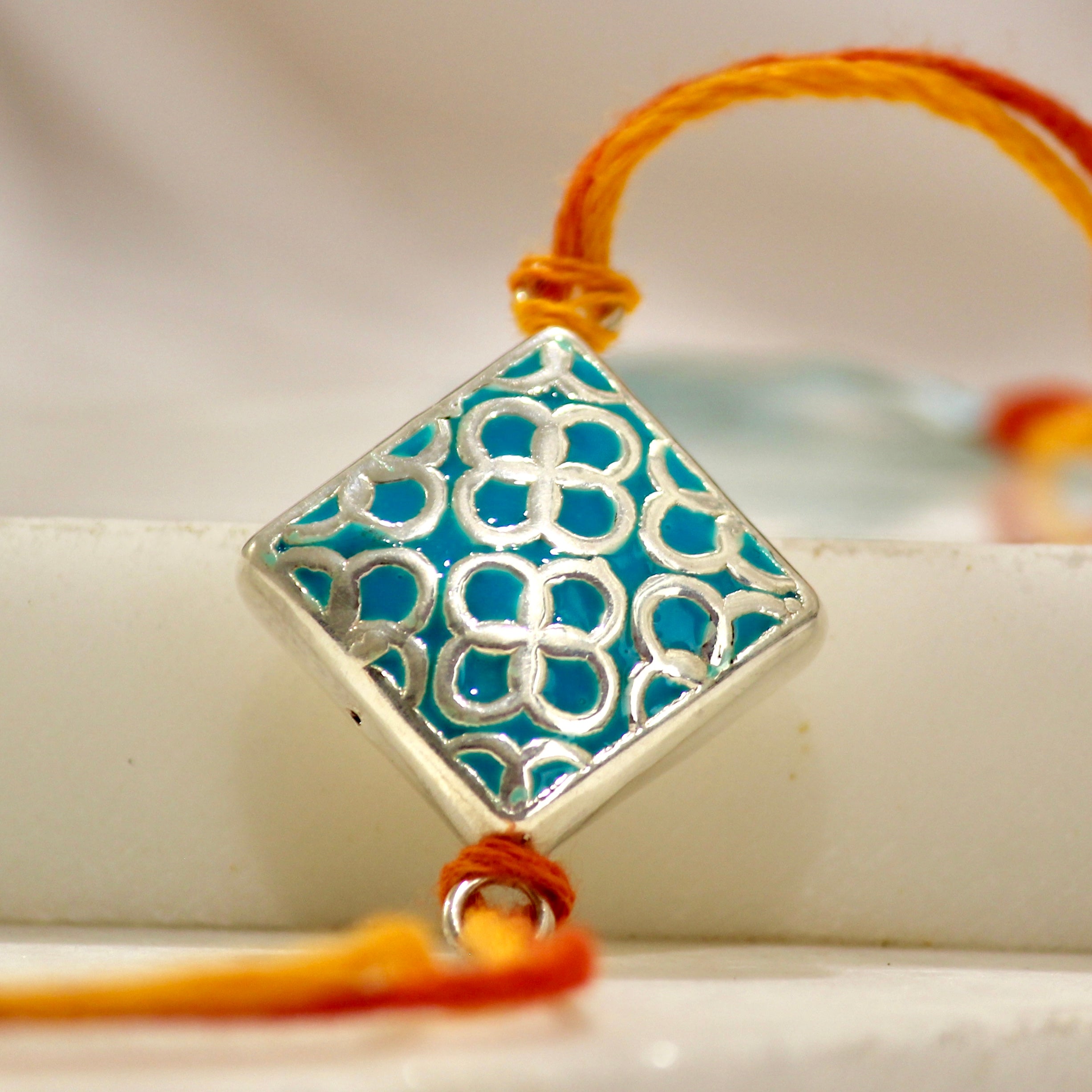 TEAL CUBE 925 silver kalawa thread rakhi