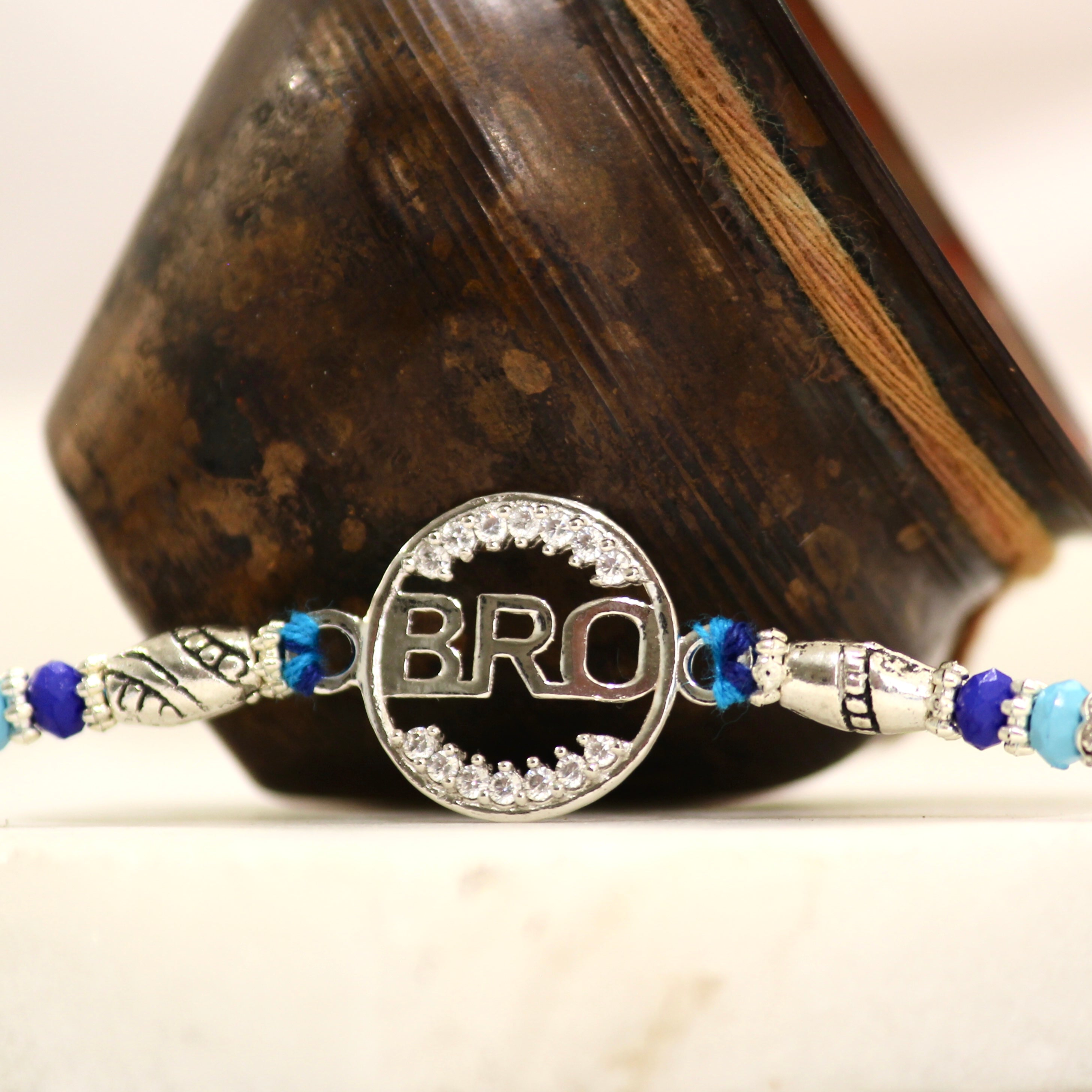 BRO IN CIRCLE 925 silver blue thread rakhi