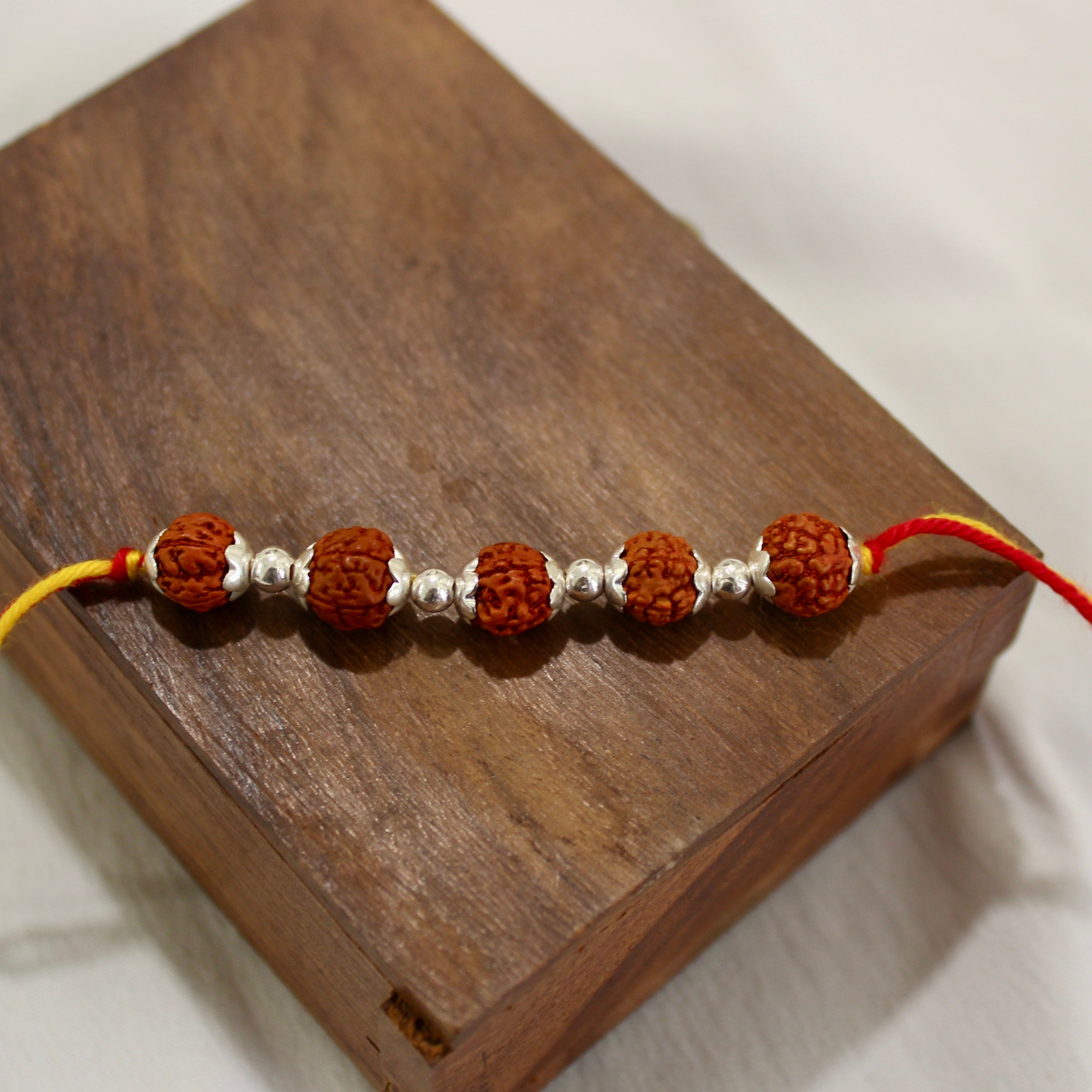 5 RUDRAKSHA 925 silver red yellow thread rakhi