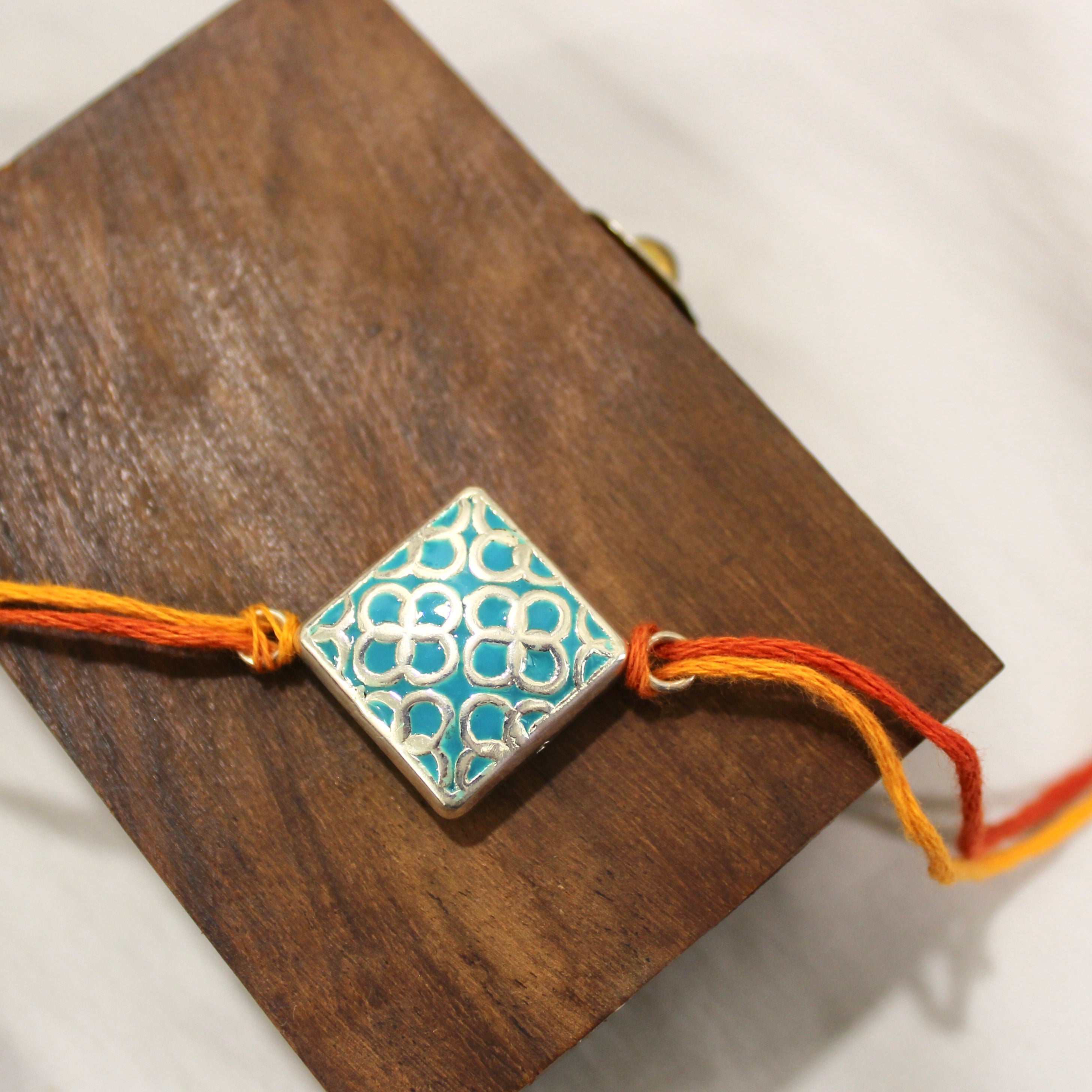 TEAL CUBE 925 silver kalawa thread rakhi