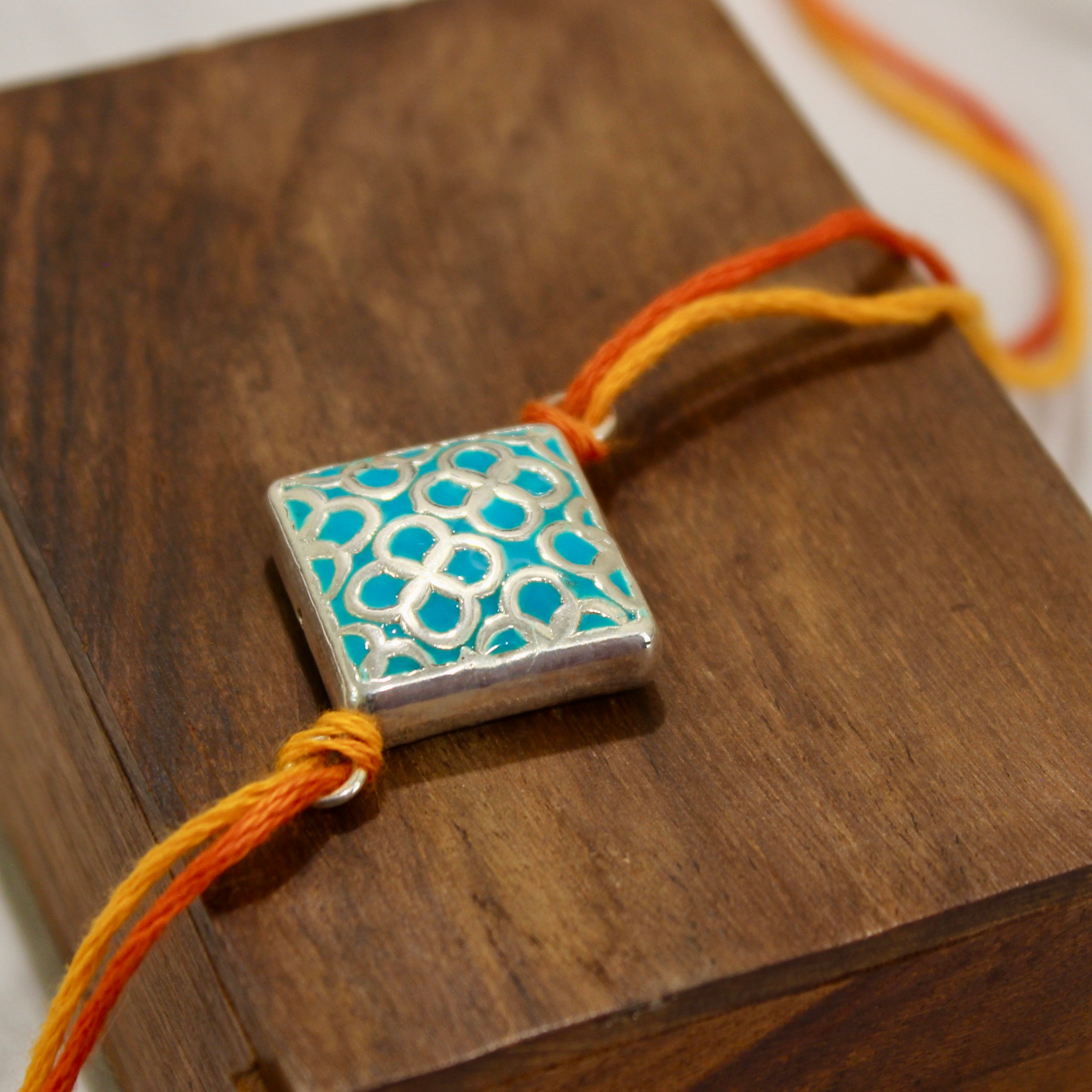 TEAL CUBE 925 silver kalawa thread rakhi