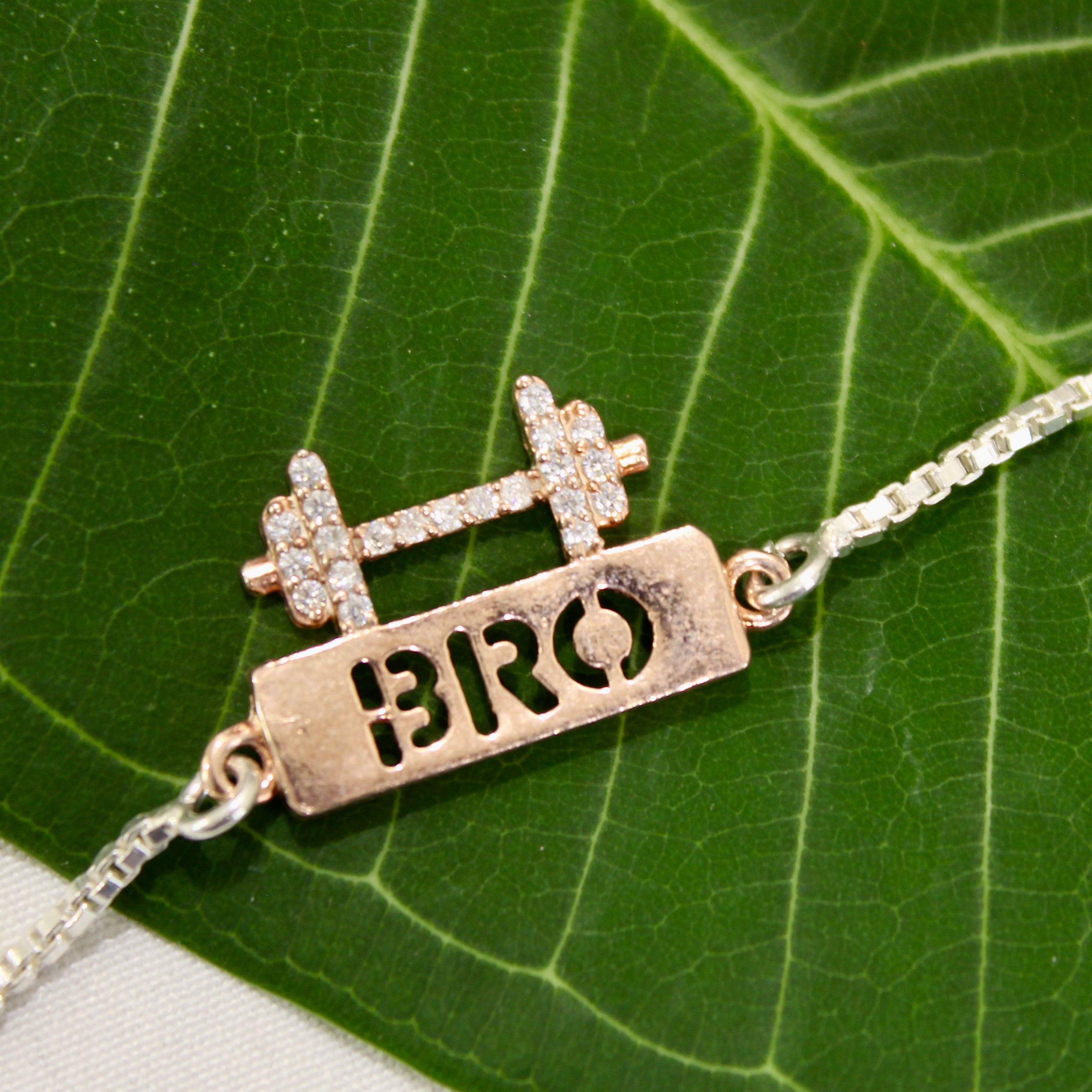 BRO WITH DUMBELL rose gold chained rakhi in 925 silver