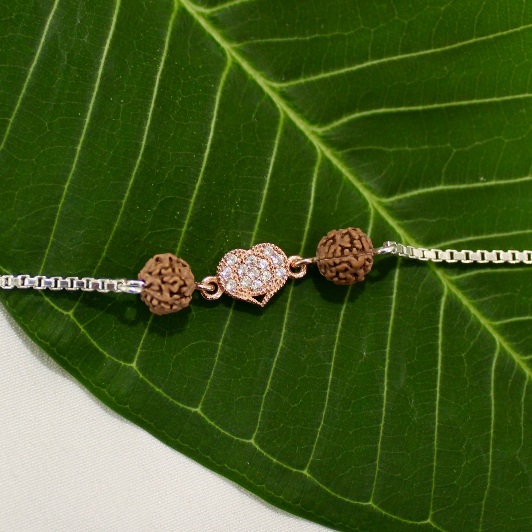 RUDRAKSHA WITH HEART chained rakhi in 925 silver