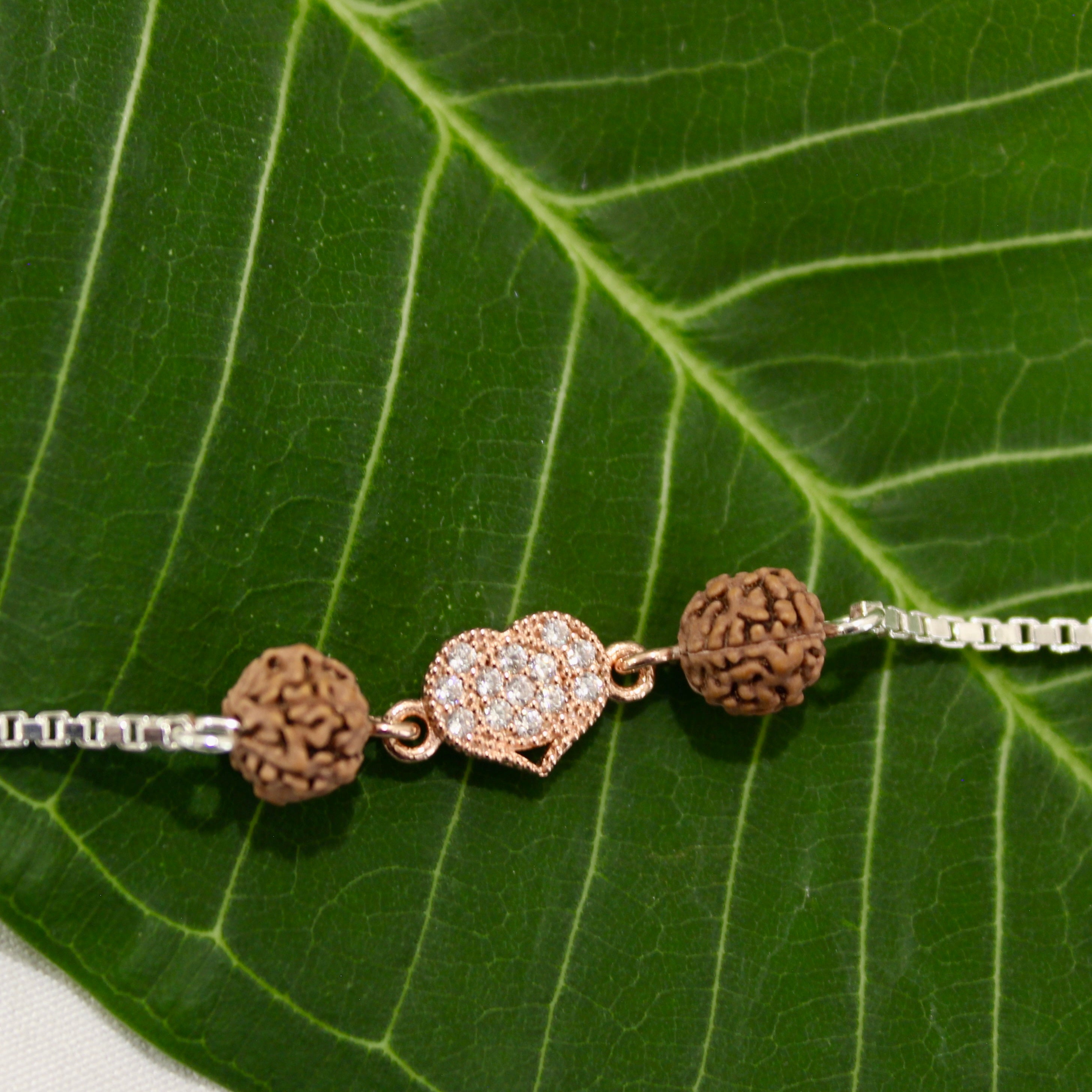 RUDRAKSHA WITH HEART chained rakhi in 925 silver