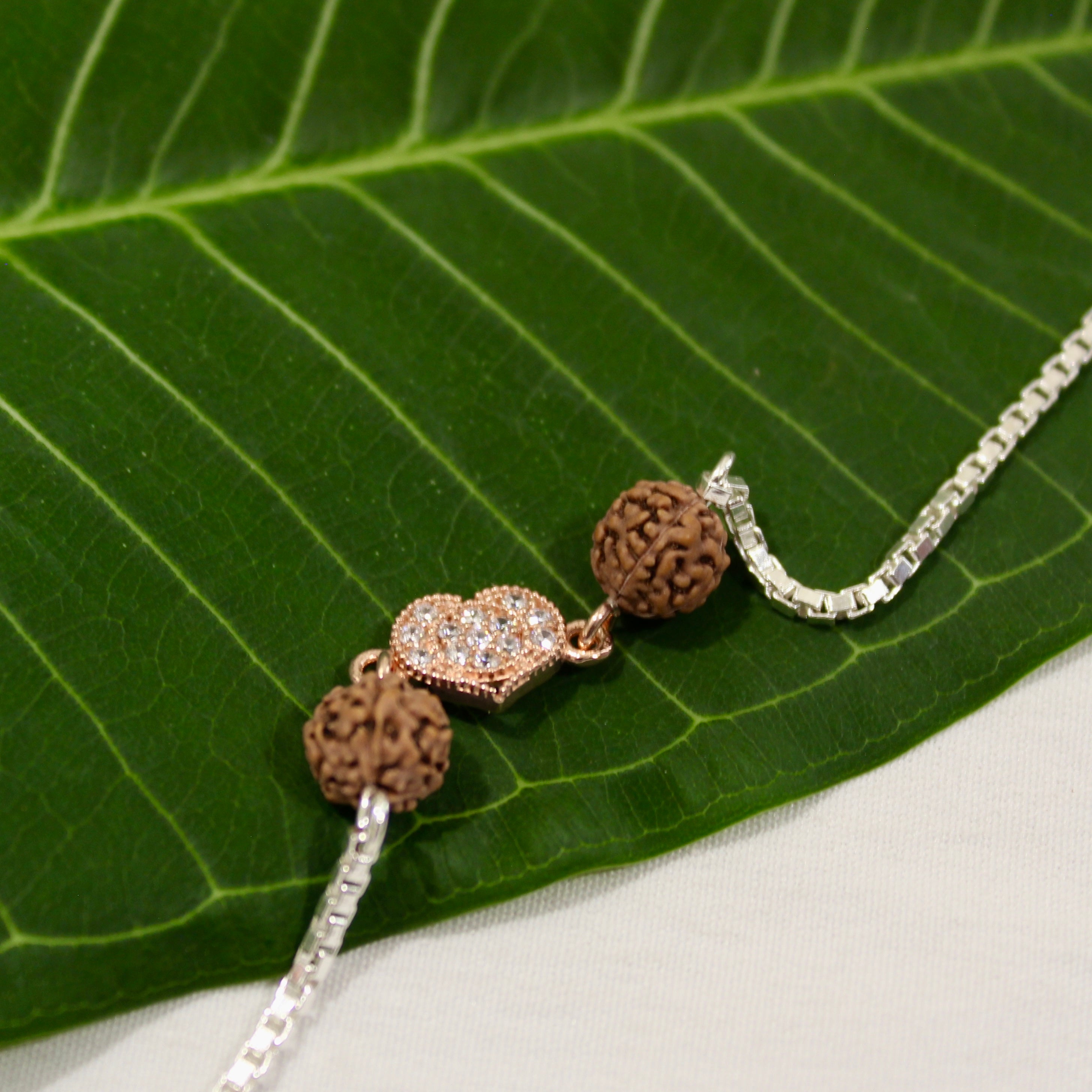 RUDRAKSHA WITH HEART chained rakhi in 925 silver