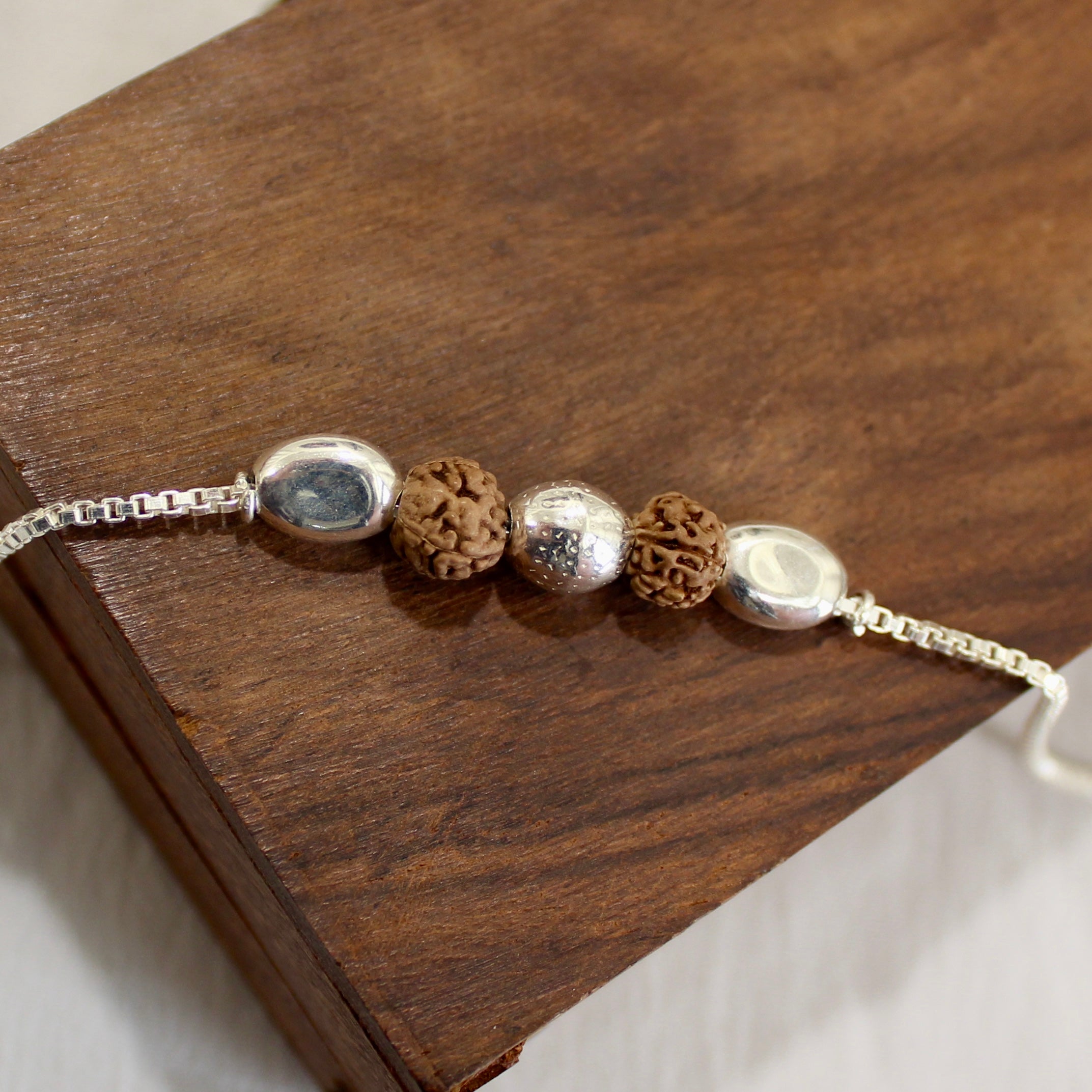 2 RUDRAKSHA 3 SILVER BEADS chained rakhi in 925 silver
