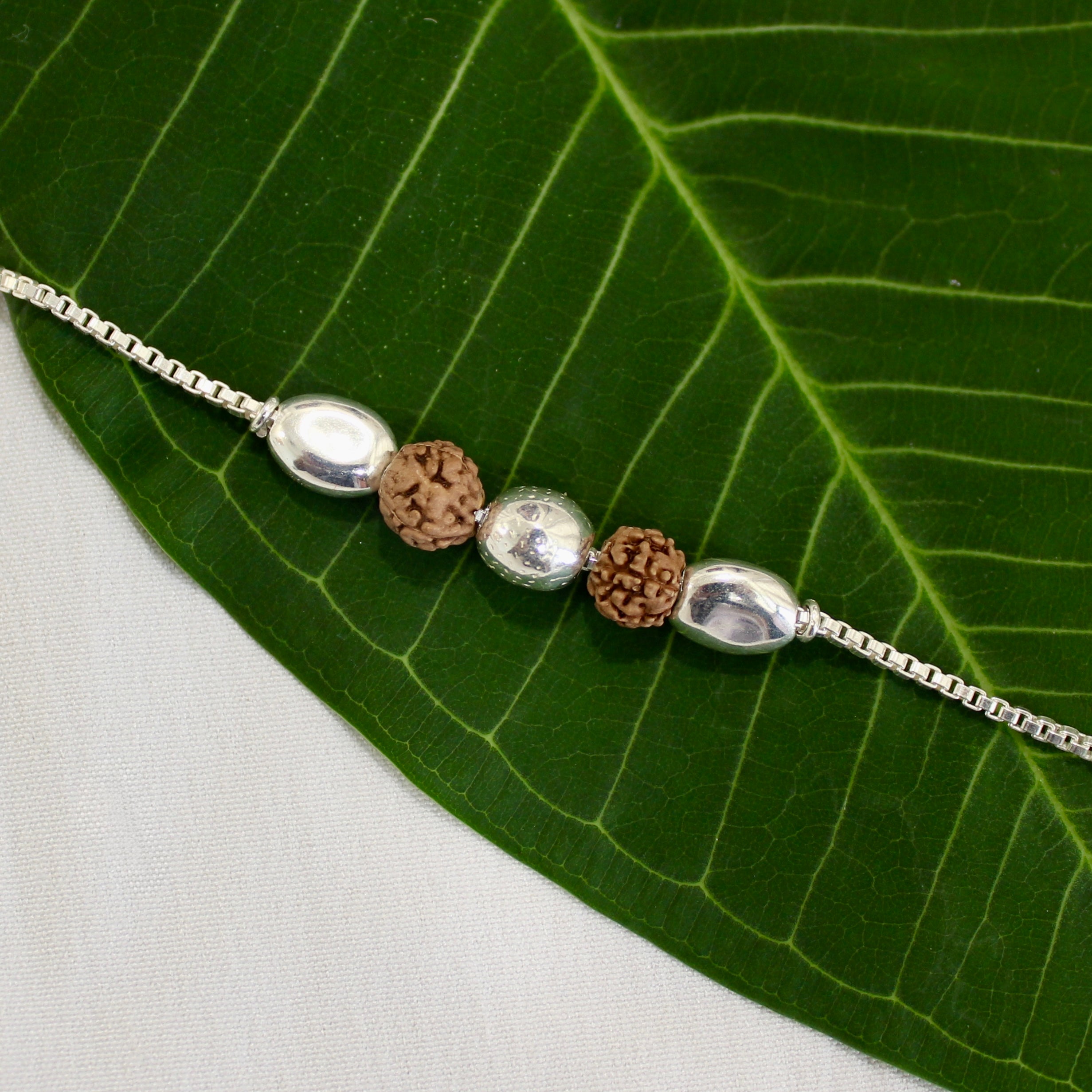 2 RUDRAKSHA 3 SILVER BEADS chained rakhi in 925 silver