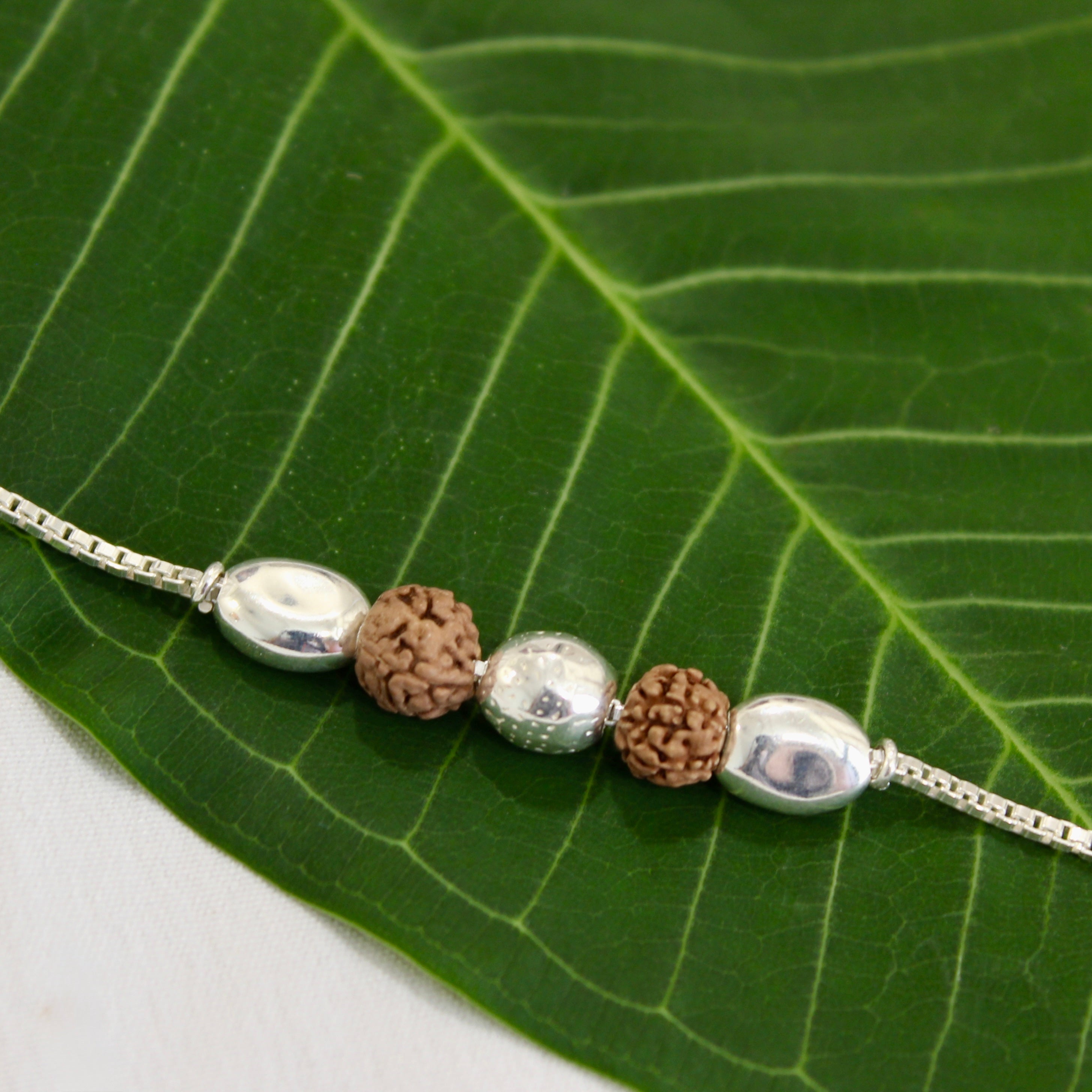 2 RUDRAKSHA 3 SILVER BEADS chained rakhi in 925 silver