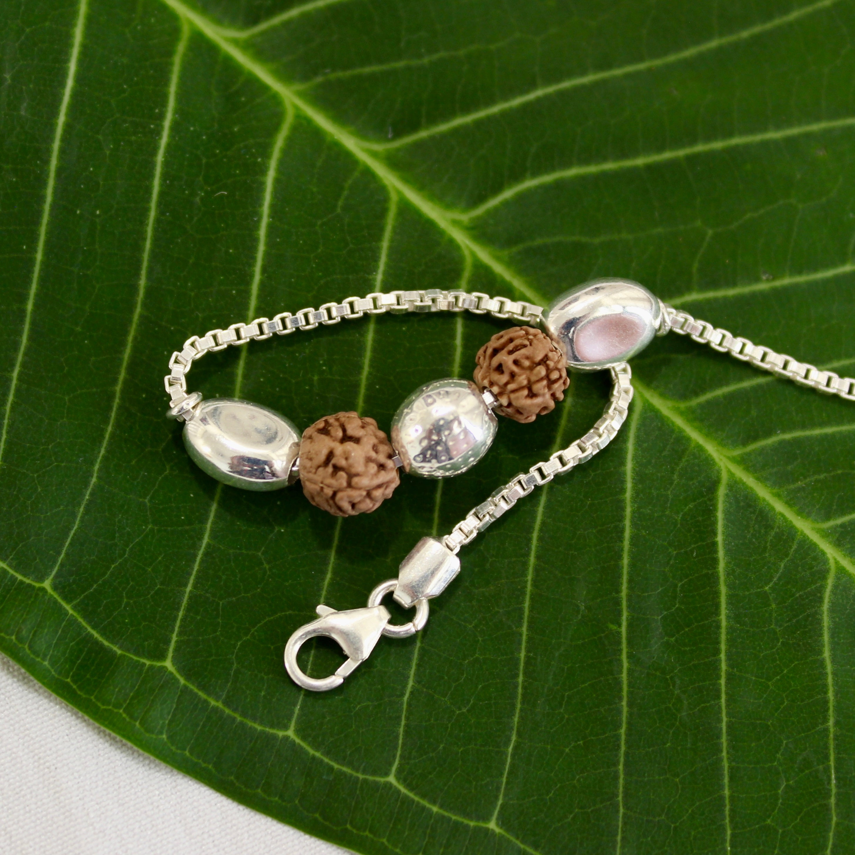 2 RUDRAKSHA 3 SILVER BEADS chained rakhi in 925 silver