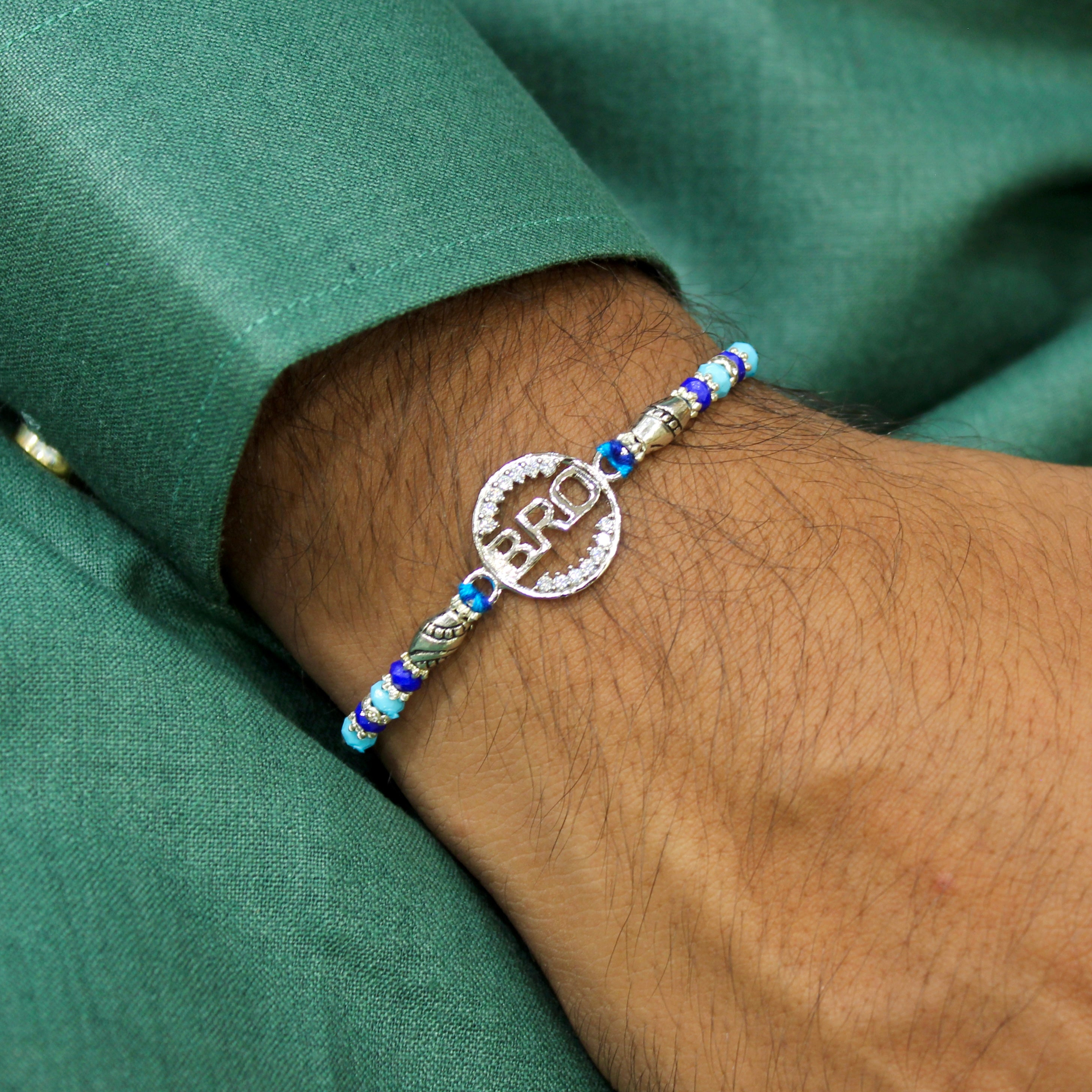 BRO IN CIRCLE 925 silver blue thread rakhi