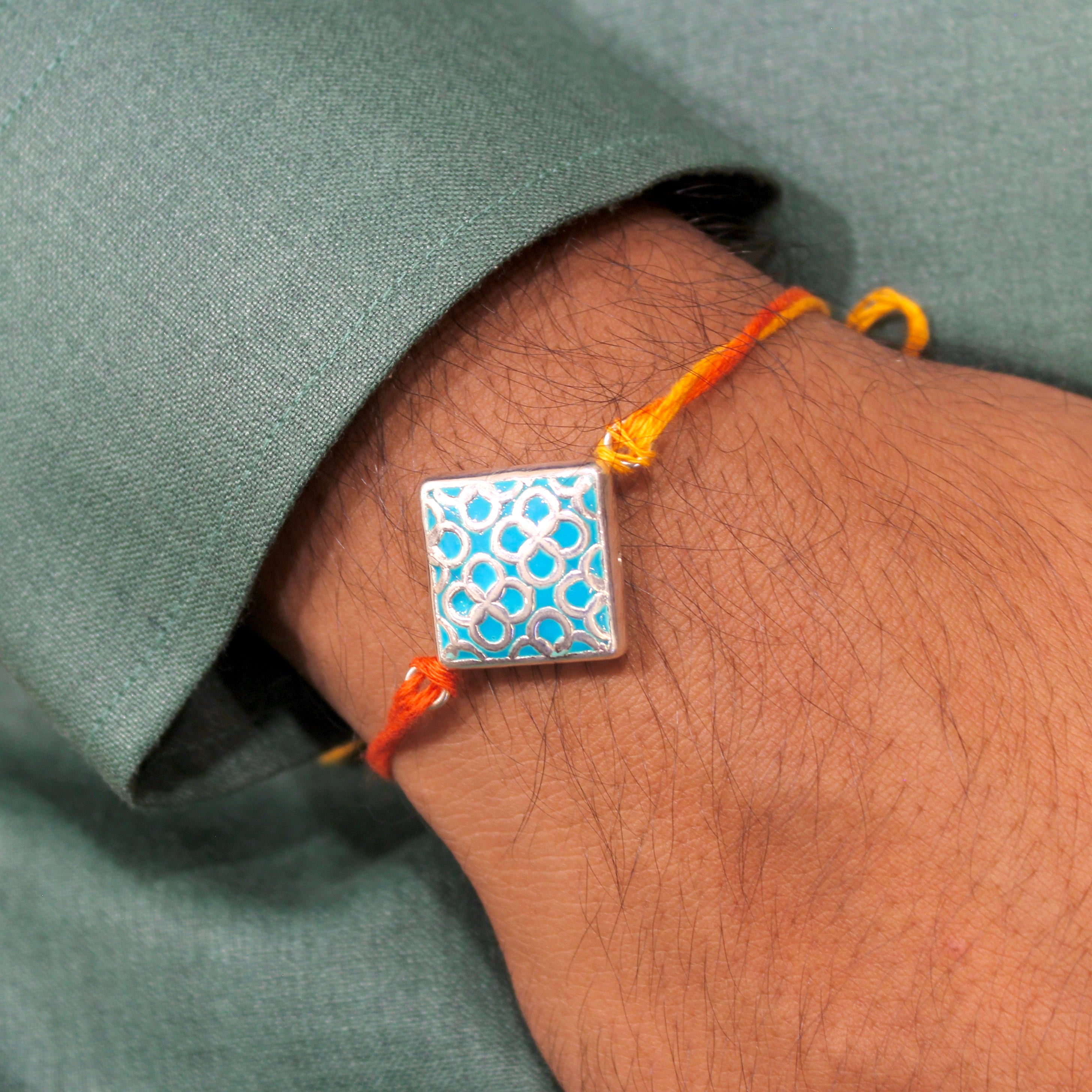 TEAL CUBE 925 silver kalawa thread rakhi