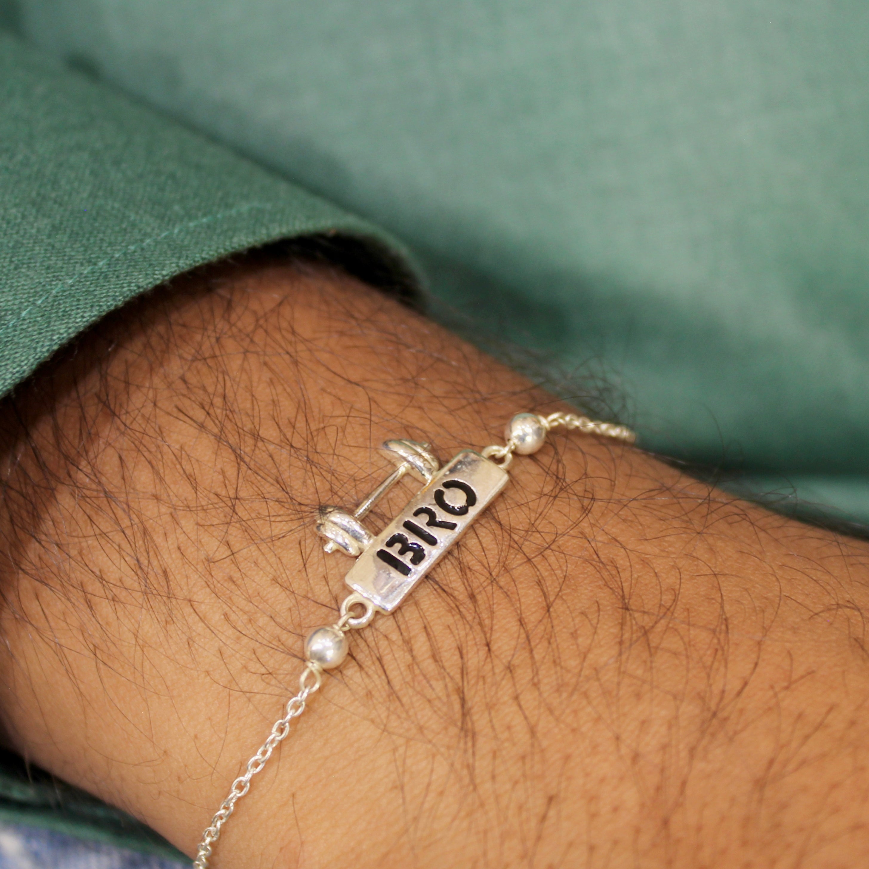 BRO WITH DUMBELL chained rakhi in 925 silver