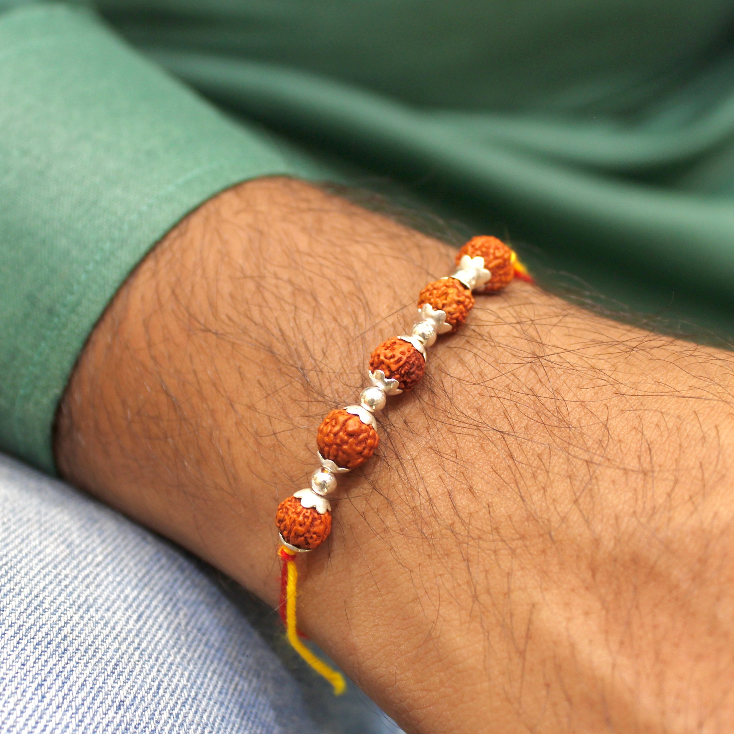 5 RUDRAKSHA 925 silver red yellow thread rakhi