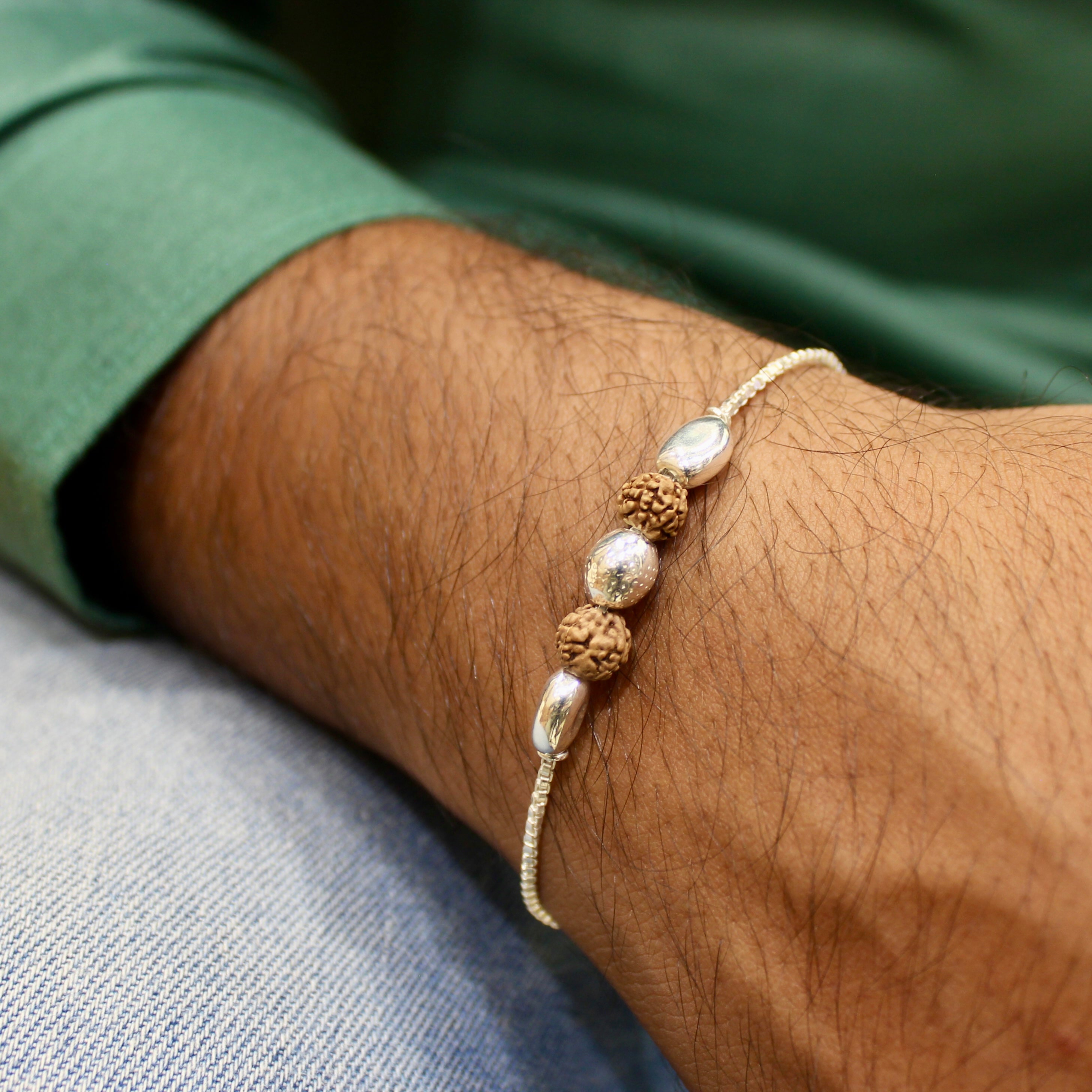 2 RUDRAKSHA 3 SILVER BEADS chained rakhi in 925 silver