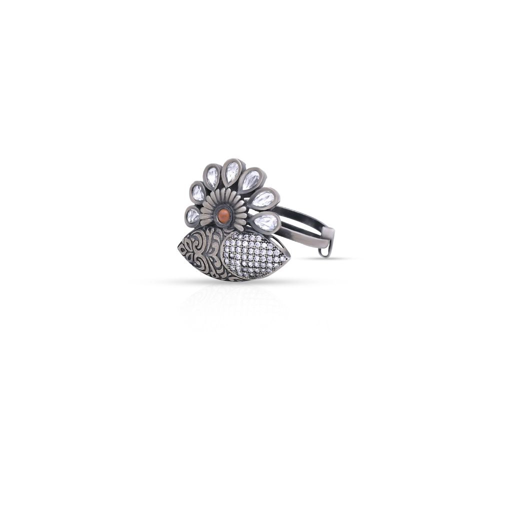 Sunrise Antique Pure Silver Ring With Zircon Stones- Free size