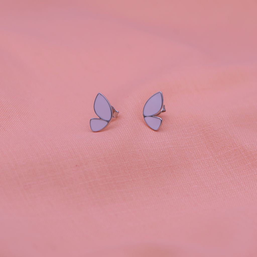 Half Butterfly White Polish Studs in 925 Silver