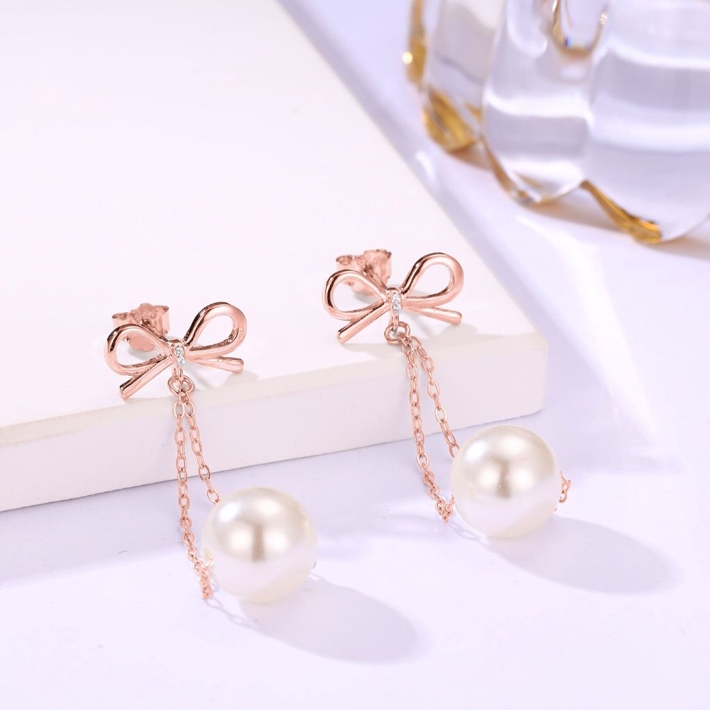 Bow With Hanging Pearl Drop Earrings in Rose Gold 925 Silver