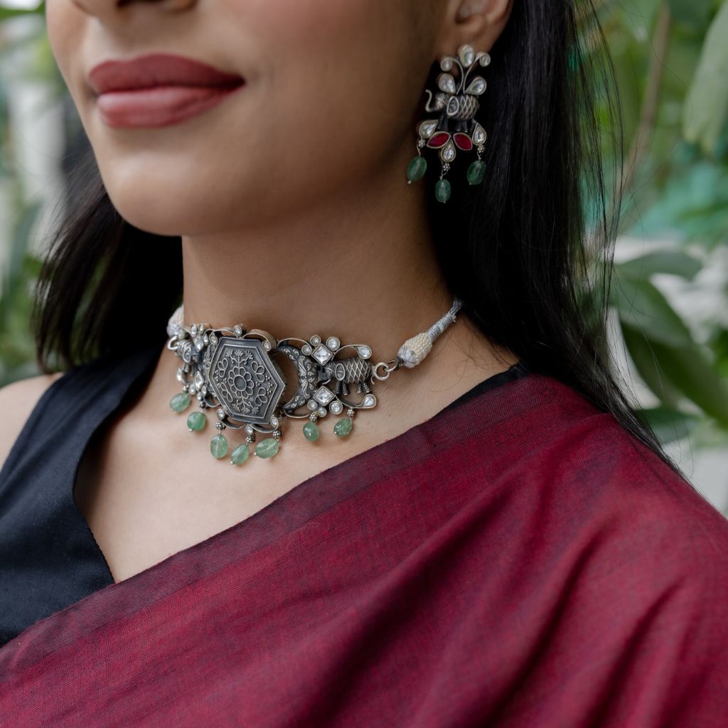 Emerald Ruby Elephant Antique Oxidised Choker Set With Earrings in 925 silver