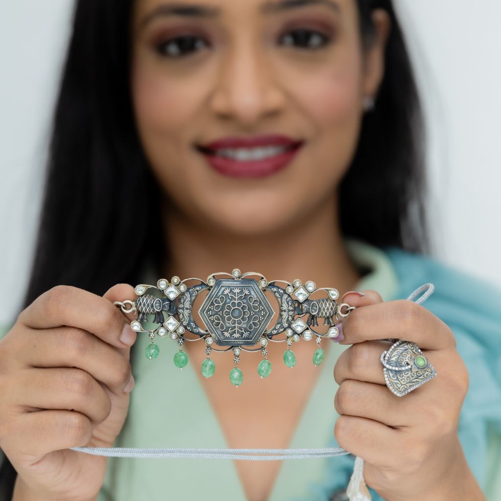 Emerald Ruby Elephant Antique Oxidised Choker Set With Earrings in 925 silver