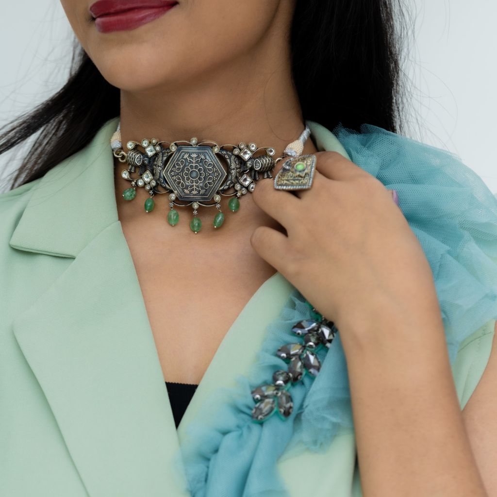 Emerald Ruby Elephant Antique Oxidised Choker Set With Earrings in 925 silver