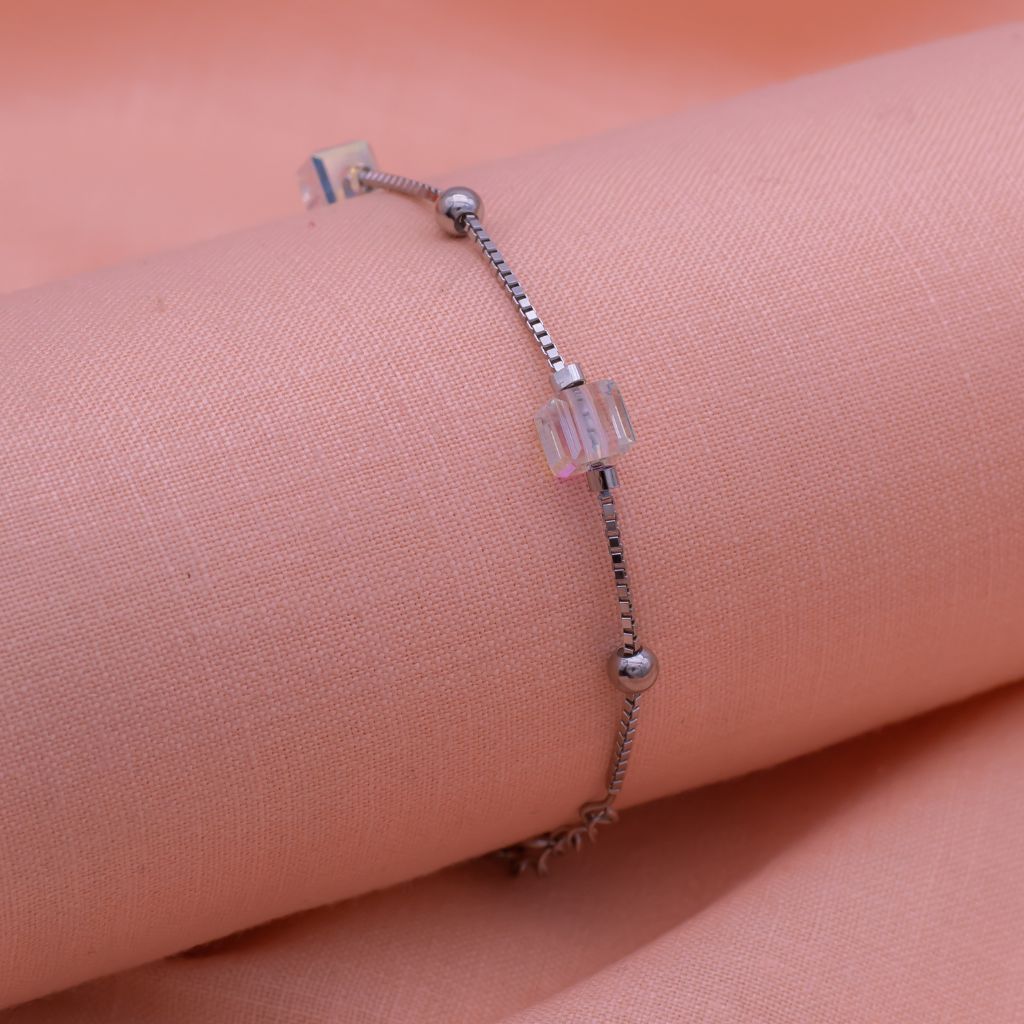 Silver Crystal Cube Pearl Pure Silver Minimal Bracelet