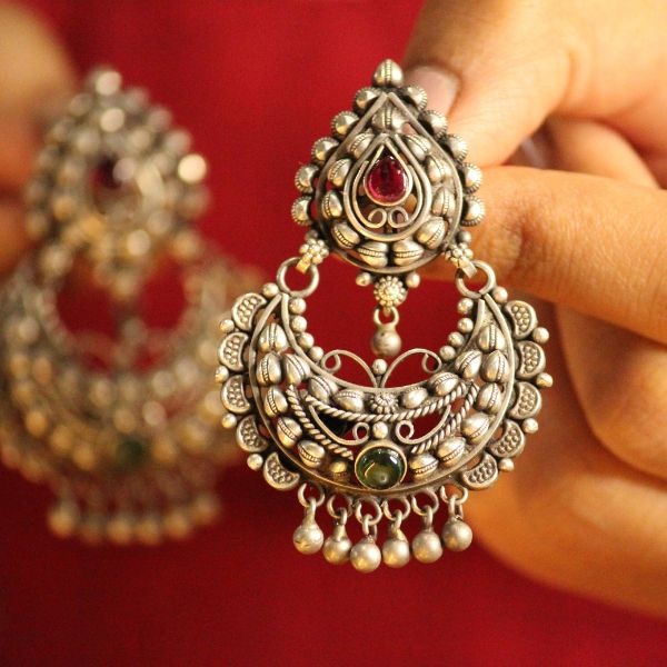 Red Green Stone 925 oxidised silver Chandbaliyan