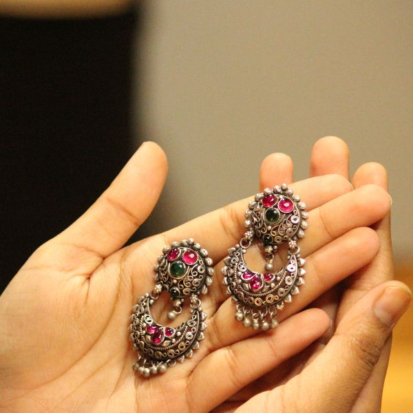 Green And Multiple Red Stones Drop 925 oxidised silver Chandbaliyan