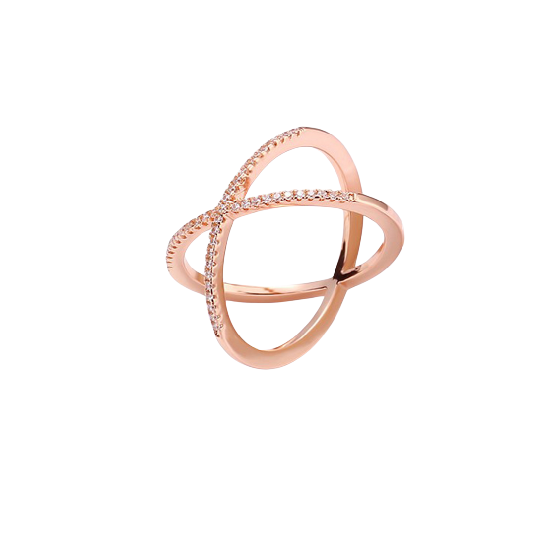 Zircon Stones Crossed Pure 925 Silver Minimal Ring in Rose Gold polish