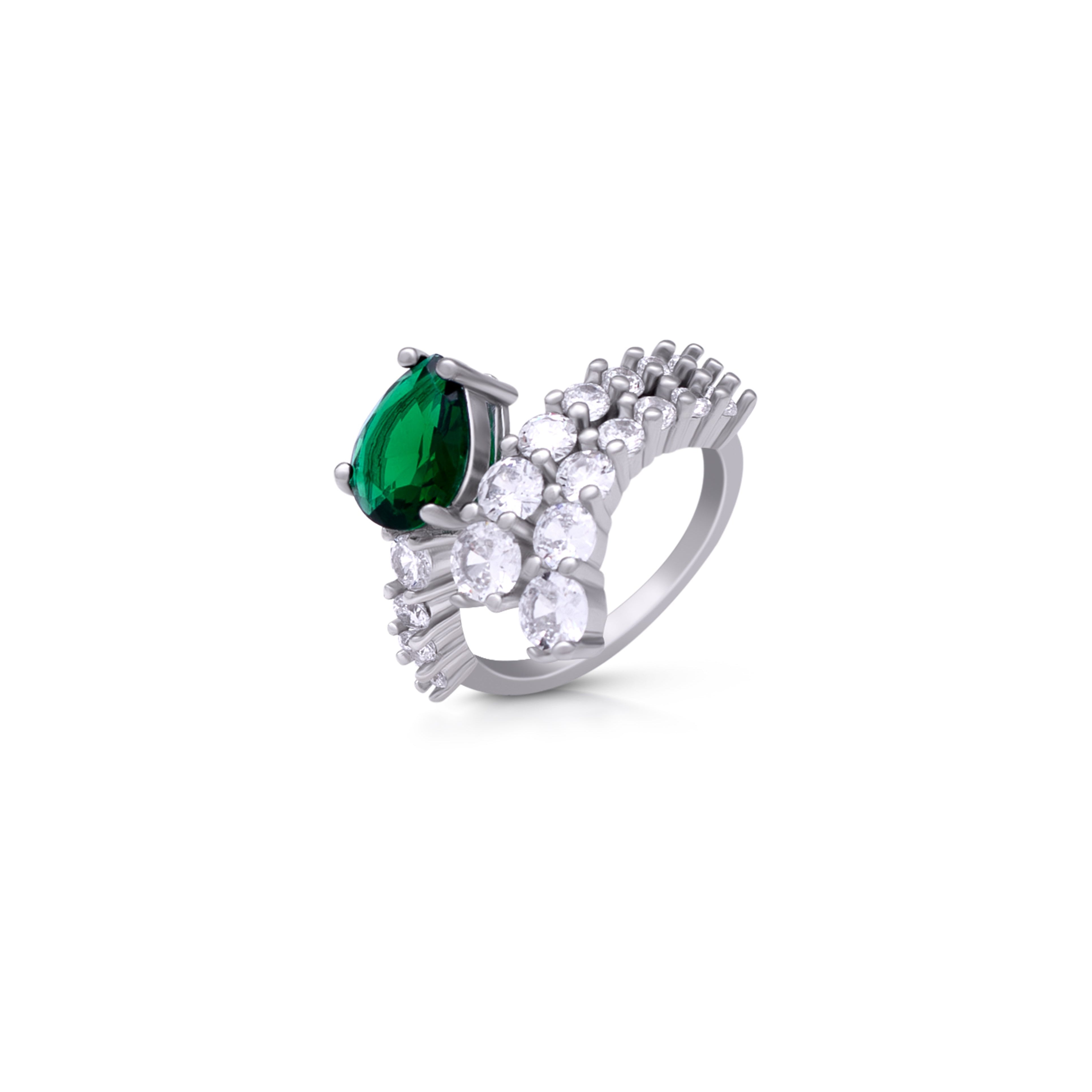 Emerald and Zircon Stones Connecting Pure Silver Party Ring- Free size