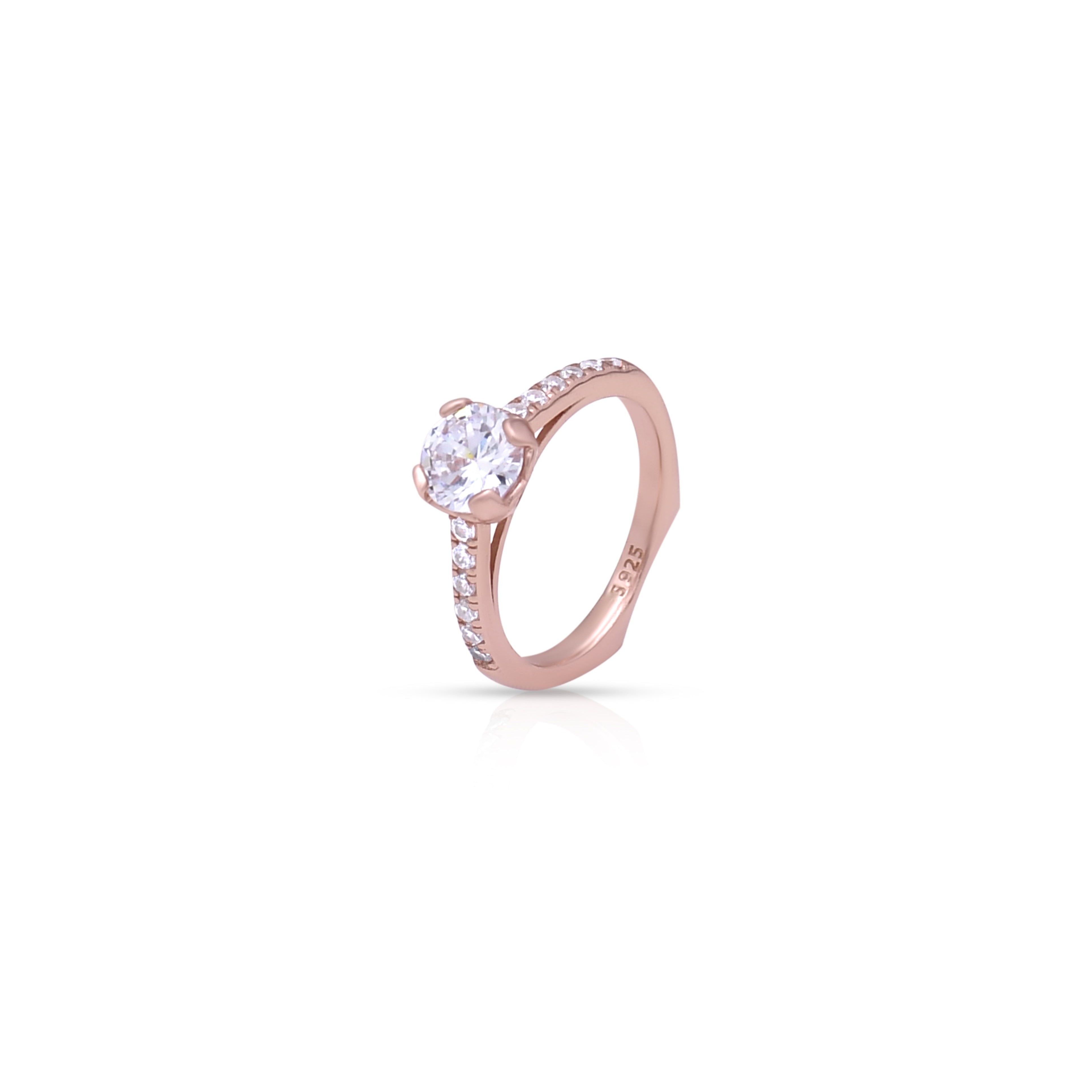 Big Solitaire Zircon Stones Classic Engagement Pure Silver Ring in Rose Gold Polish