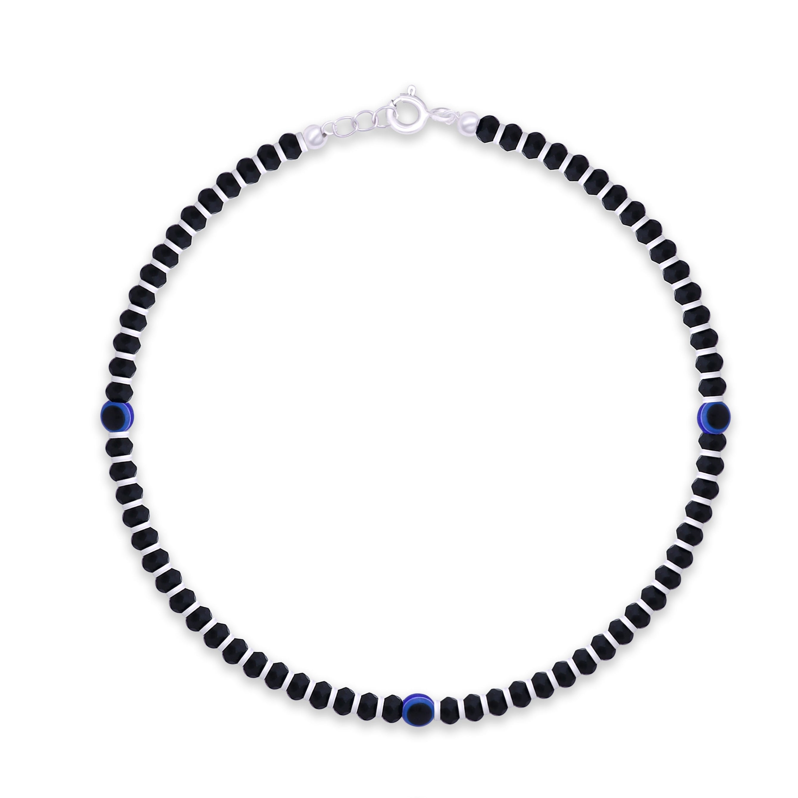 Black Beads 3 Evil Eye Pure Silver Classic Adjustable Anklet- Single piece